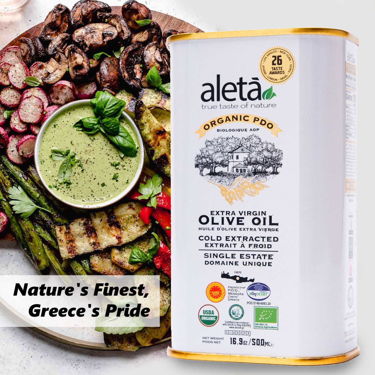 Aleta Organic & PDO Single Estate Traceable Extra Virgin Greek Olive Oil, 500 ml (17 oz) Tin