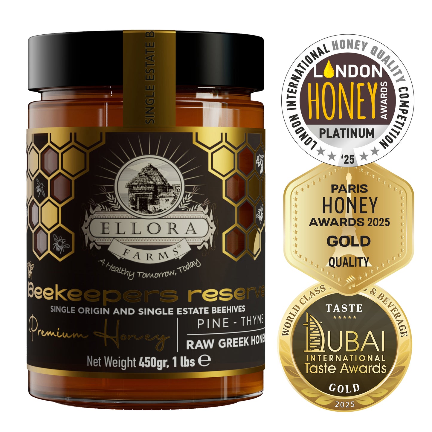 Organic Royal Reserve and Beekeepers Reserve PDO Single Estate Raw Greek Honey, 1 lb. Each Combo Gift Pack