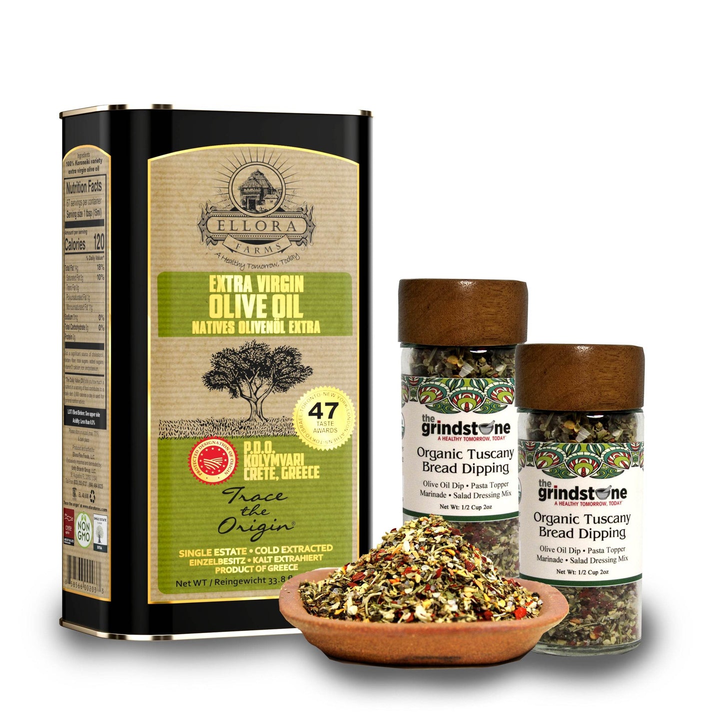 Combo Pack, Single Estate Greek Extra Virgin Olive Oil, 33.8 and Organic Tuscany Bread Dipping Mix Pack of 2 - ELLORA FARMS