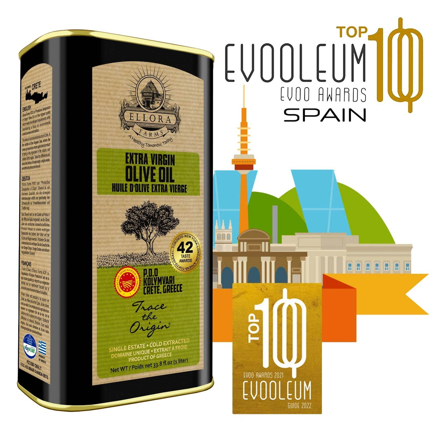 Aleta Organic & Ellora PDO Single Estate Extra Virgin Greek Olive Oil, 1 Ltr Tin, 33.8 oz. Combo - ELLORA FARMS