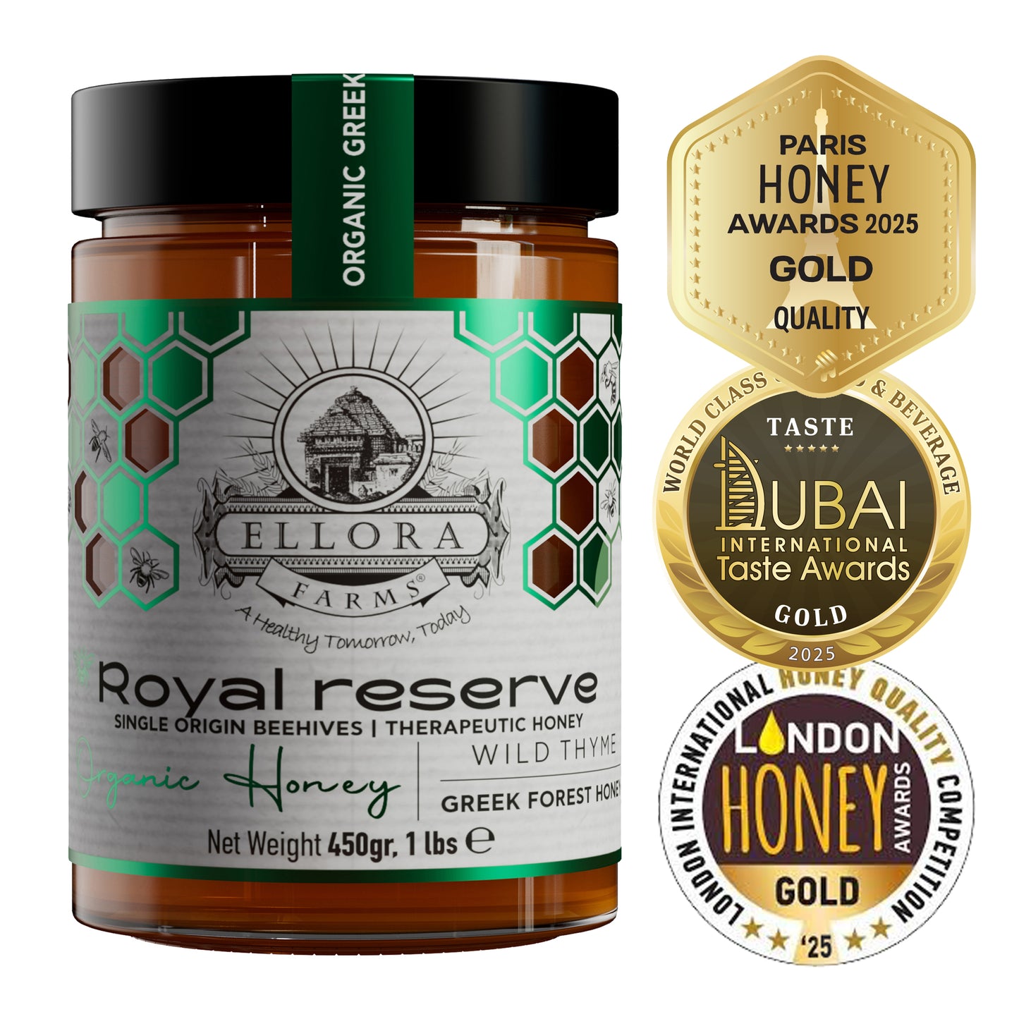 Organic Greek Raw Honey, Royal Reserve, Wild Thyme Therapeutic Honey, 450g CUBE Gift Set