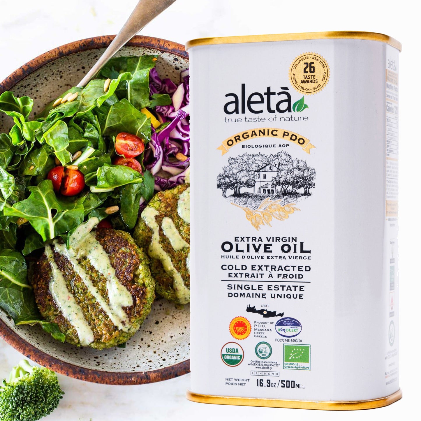 Aleta Organic & PDO Single Estate Traceable Extra Virgin Greek Olive Oil, 500 ml (17 oz) Tin