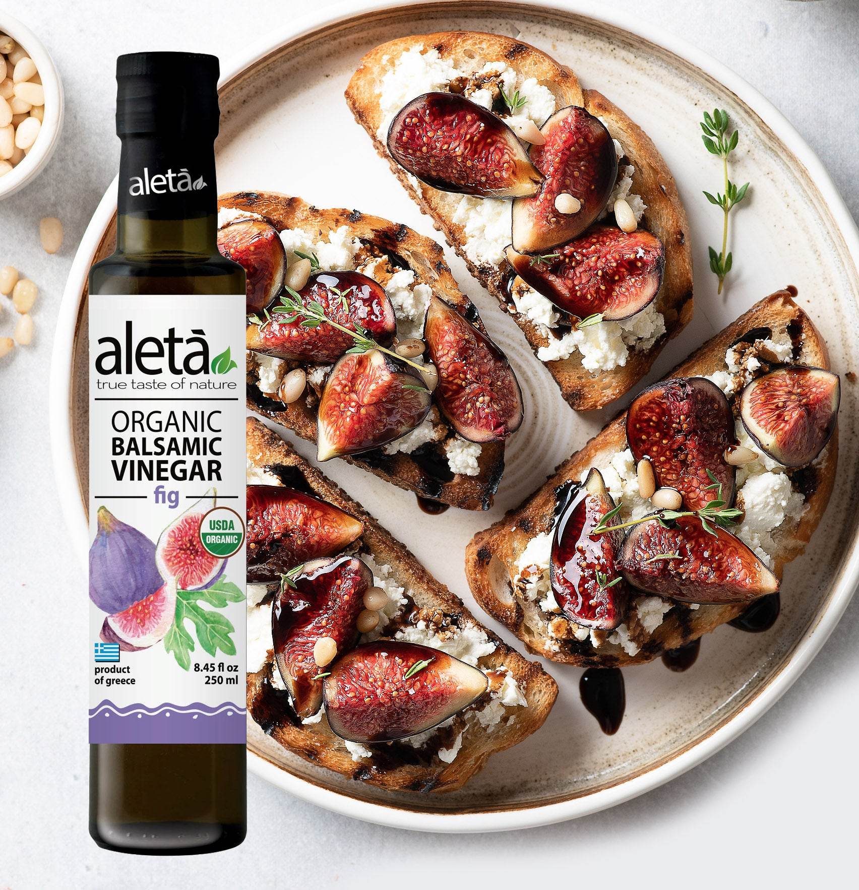 Aleta Organic, Fig Infused Balsamic Vinegar, Glass Bottle, 8.45 oz. - ELLORA FARMS