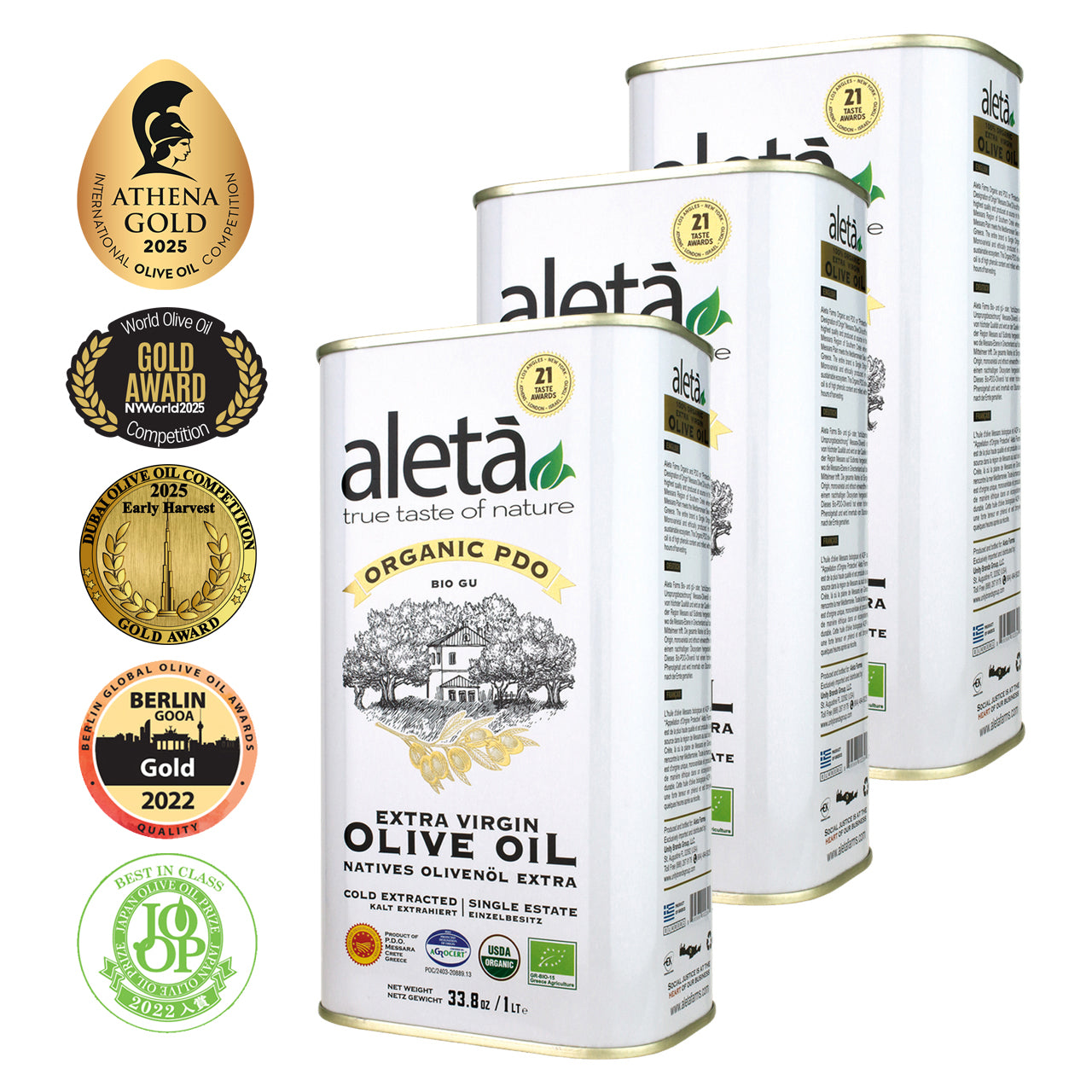 Aleta Organic & PDO Single Estate Traceable Extra Virgin Greek Olive Oil, 1 Ltr Tin, 33.8 oz.