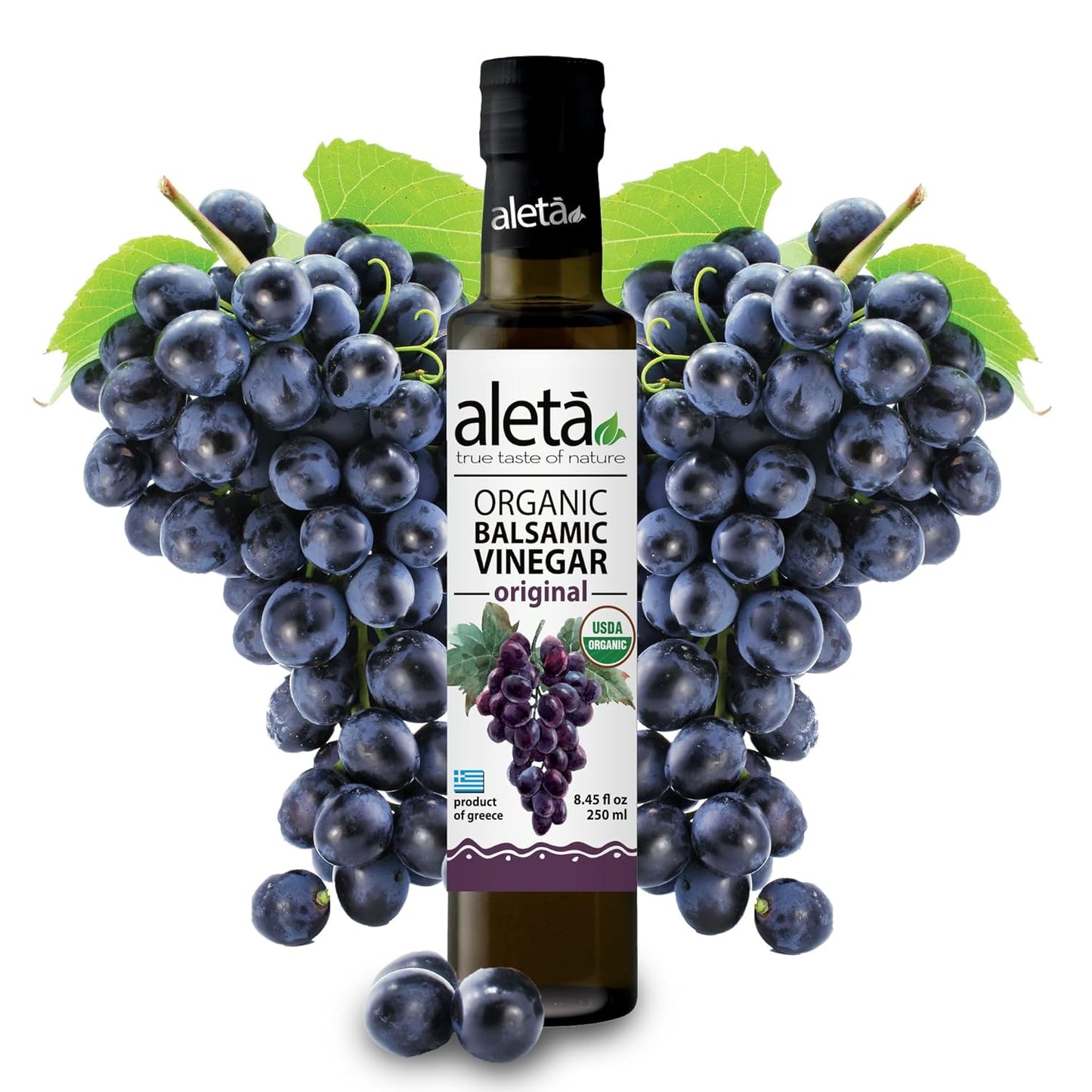 Aleta Organic, Natural Plain Balsamic Vinegar, Glass Bottle, 8.45 oz.