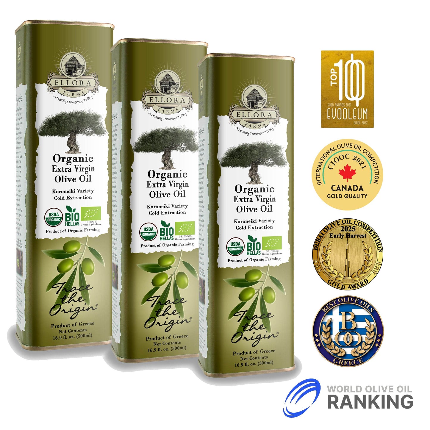 Certified USDA Organic Extra Virgin Olive Oil, Traceable & Single Origin, 16.9 Oz. Tin - ELLORA FARMS
