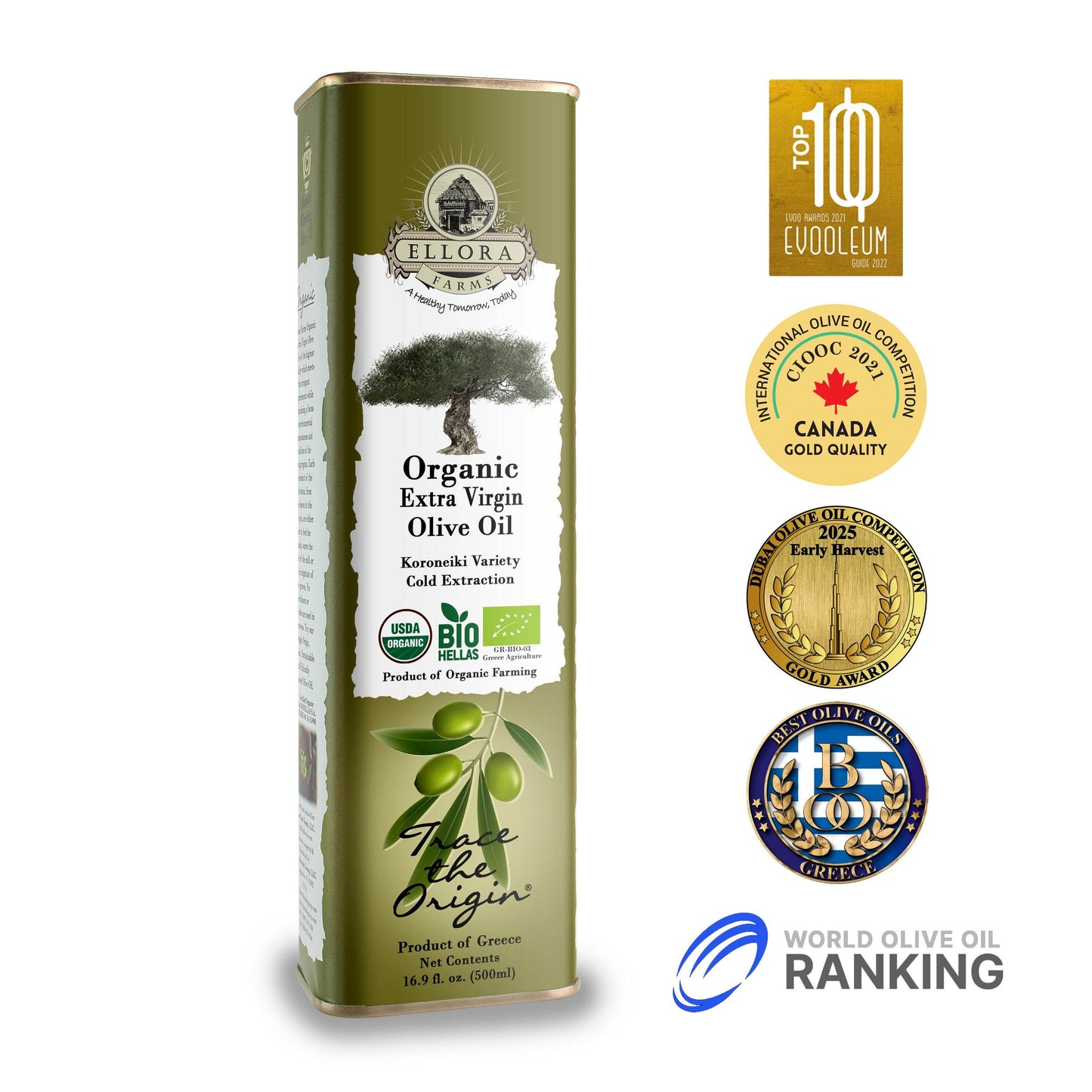 Certified USDA Organic Extra Virgin Olive Oil, Traceable & Single Origin, 16.9 Oz. Tin - ELLORA FARMS