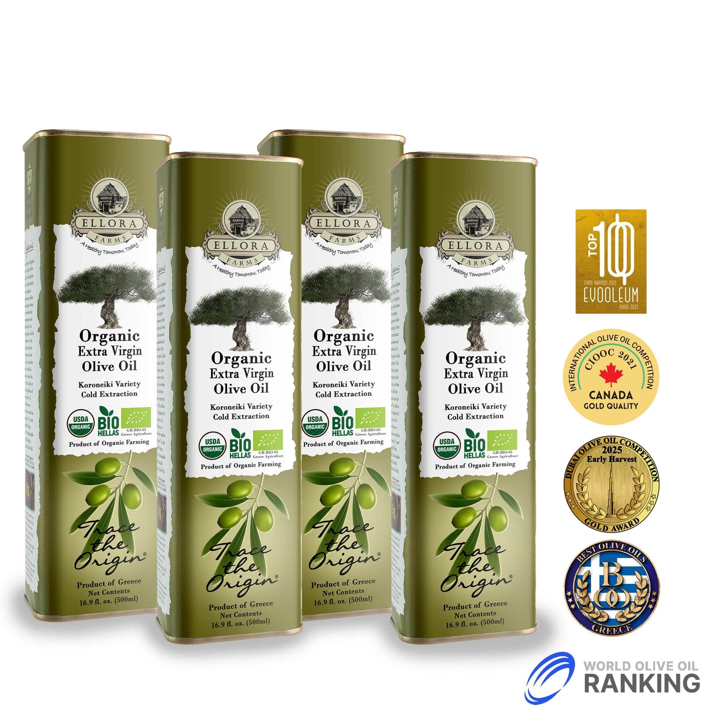 Certified USDA Organic Extra Virgin Olive Oil, Traceable & Single Origin, 16.9 Oz. Tin - ELLORA FARMS