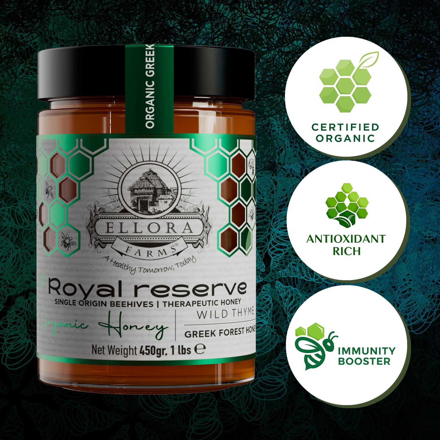 Organic Greek Raw Honey, Royal Reserve, Wild Thyme Gift of Honey, 450g