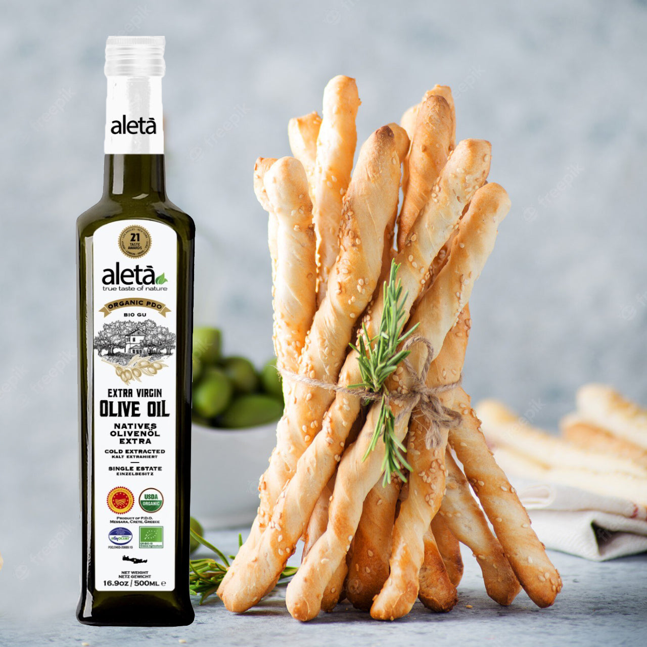 Aleta Organic & PDO Extra Virgin Greek Olive Oil, 2025 Gold Award, 17 oz. Bottle