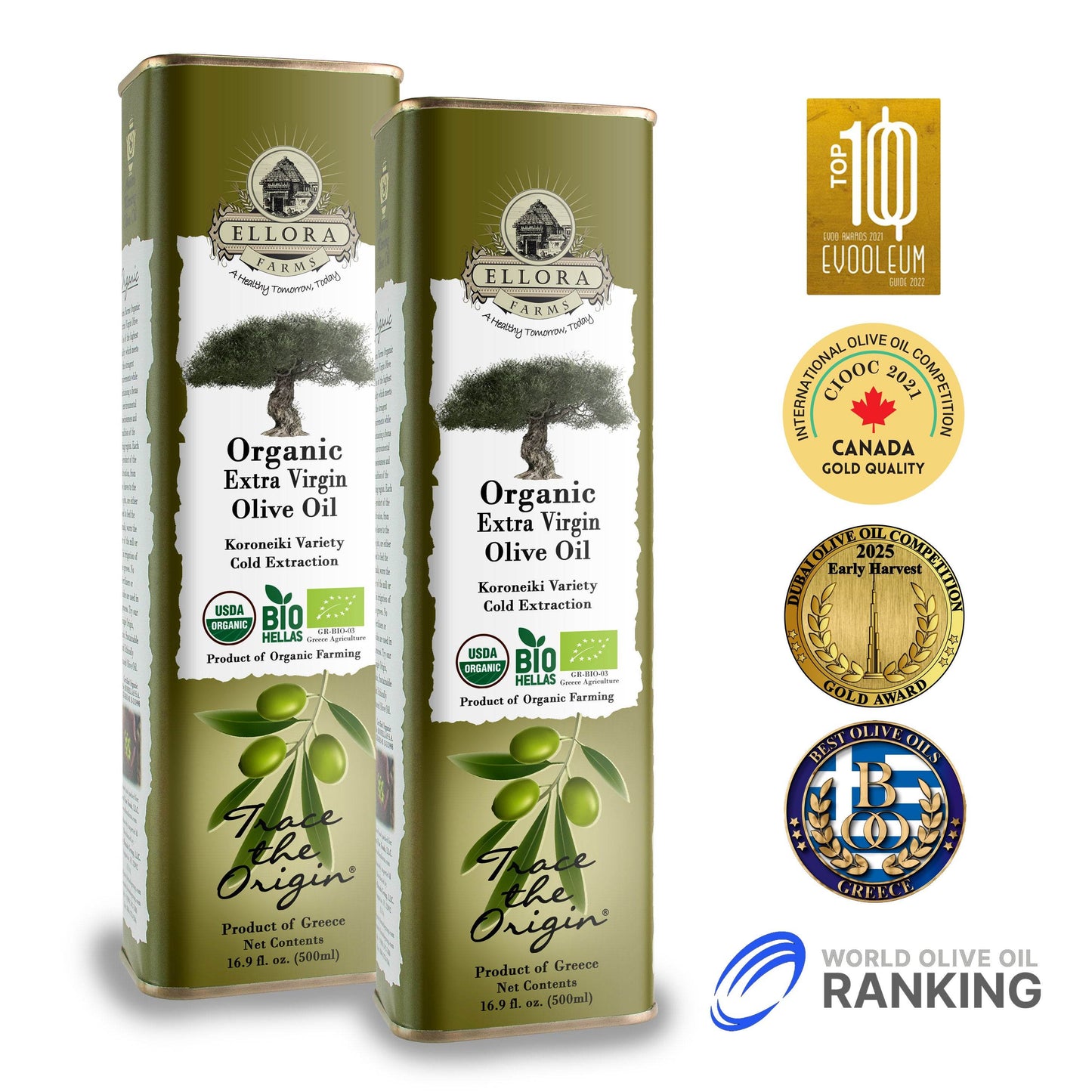 Certified USDA Organic Extra Virgin Olive Oil, Traceable & Single Origin, 16.9 Oz. Tin - ELLORA FARMS