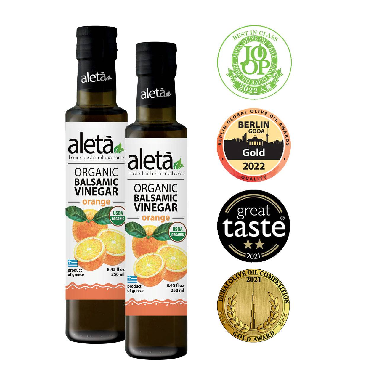 Aleta Organic, Orange Infused Balsamic Vinegar, Glass Bottle, 8.45 oz.