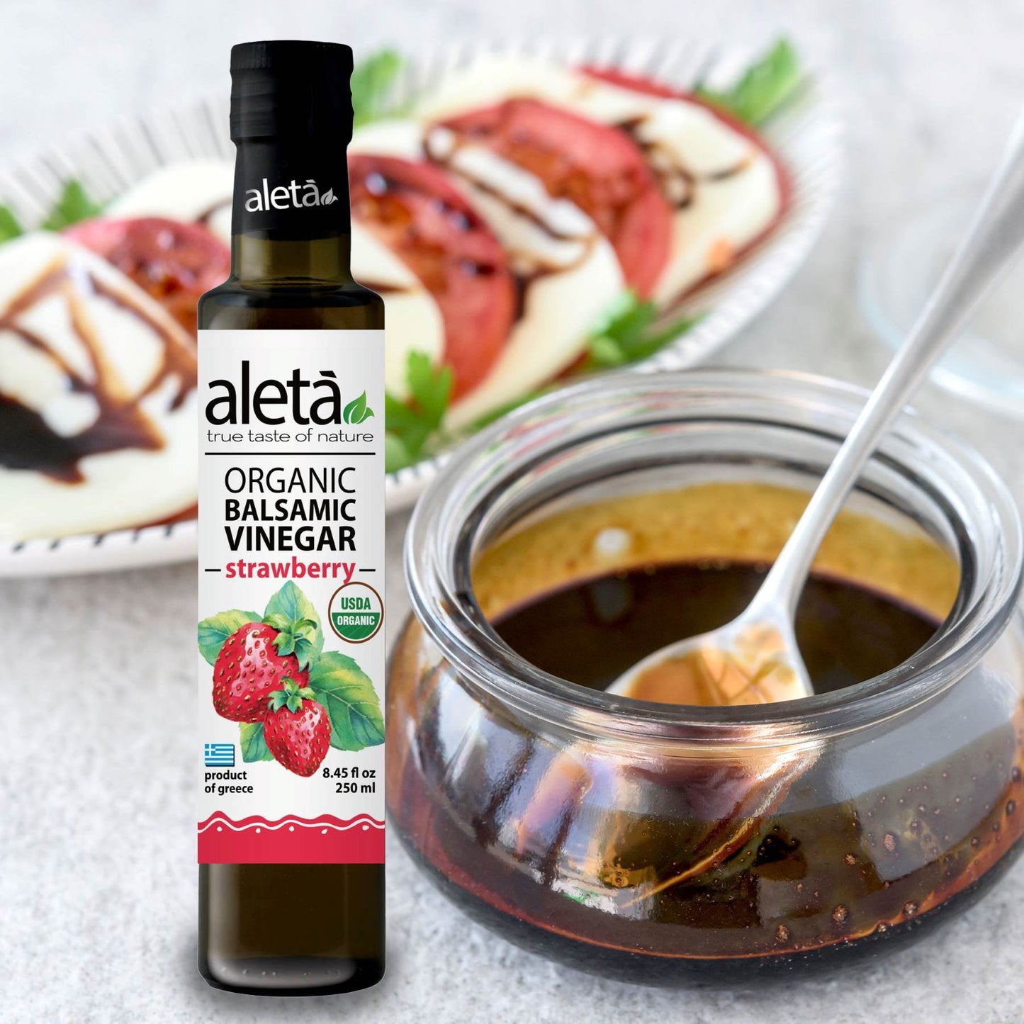 Aleta Organic, Strawberry Infused Balsamic Vinegar, Glass Bottle, 8.45 oz. - ELLORA FARMS