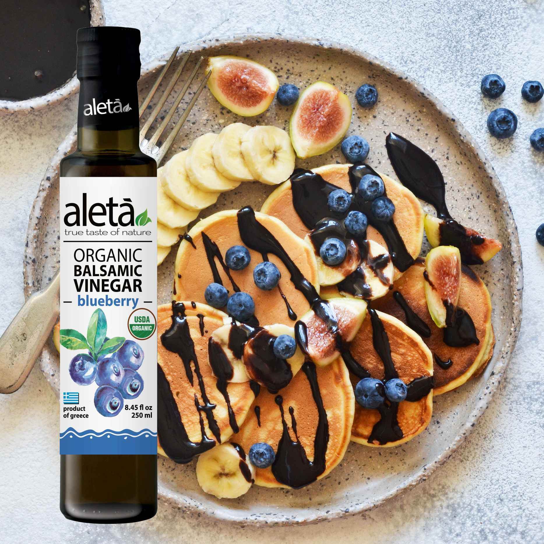 Aleta Organic, Blueberry Infused Balsamic Vinegar, Glass Bottle, 8.45 oz. - ELLORA FARMS