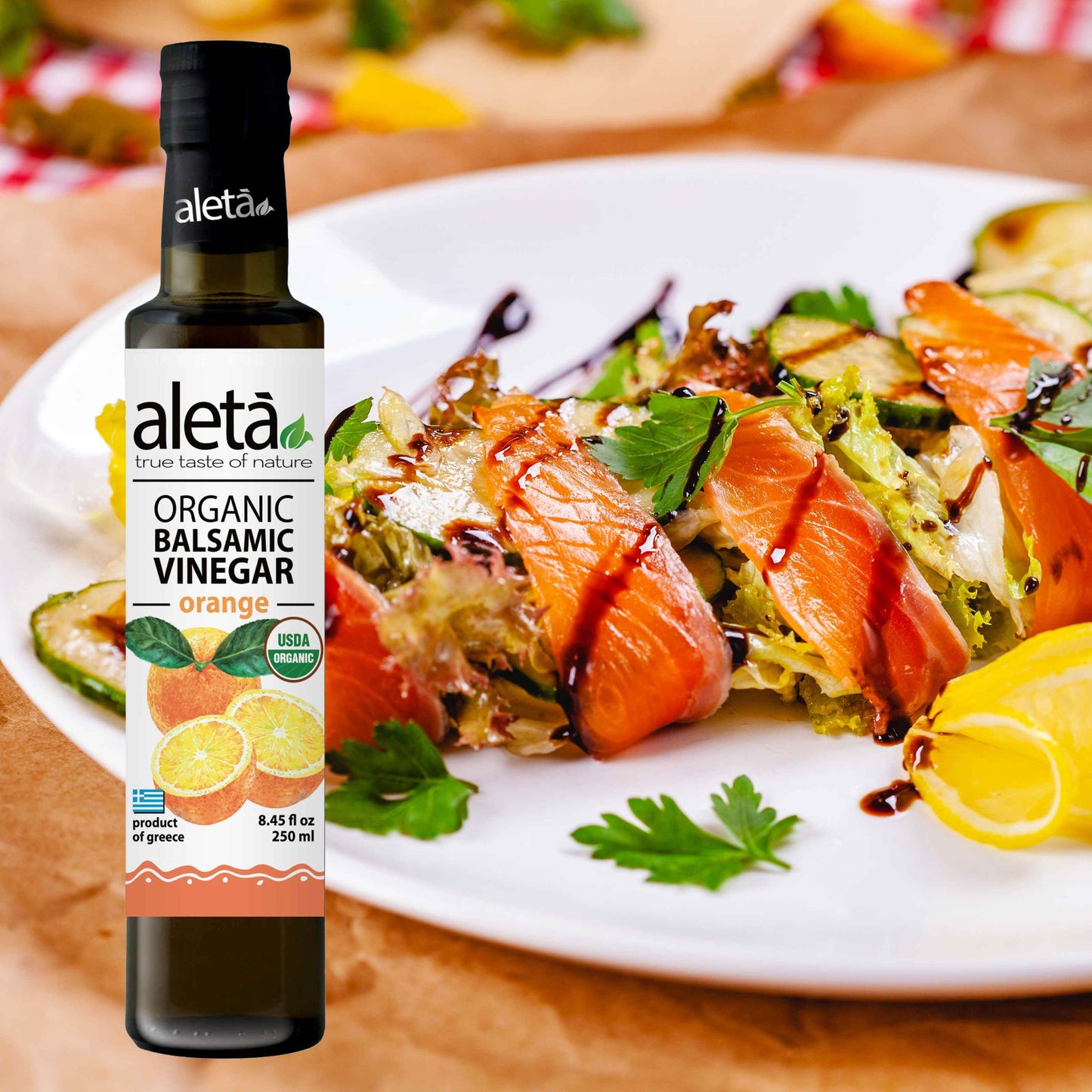 Aleta Organic, Orange Infused Balsamic Vinegar, Glass Bottle, 8.45 oz. - ELLORA FARMS
