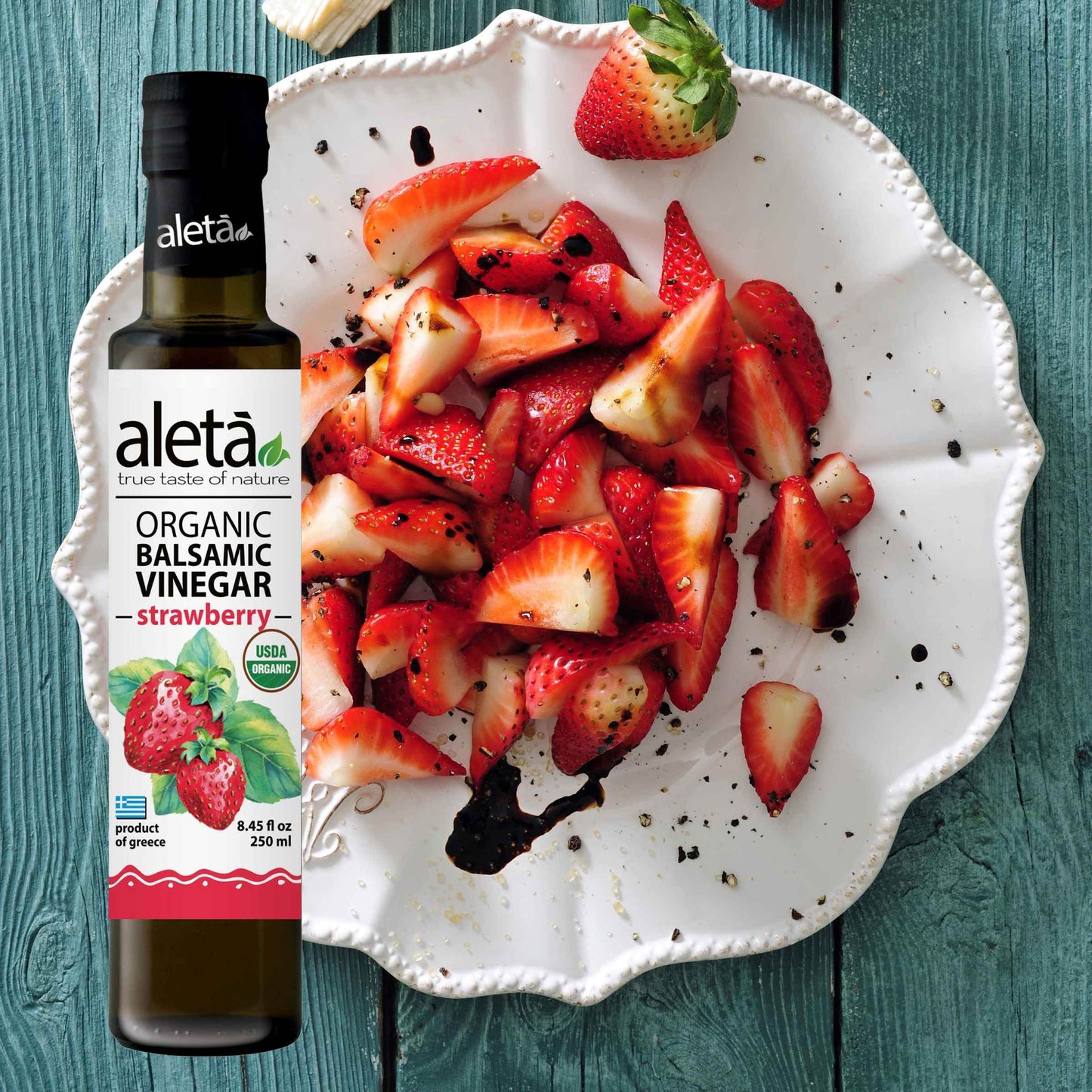 Aleta Organic, Strawberry Infused Balsamic Vinegar, Glass Bottle, 8.45 oz. - ELLORA FARMS
