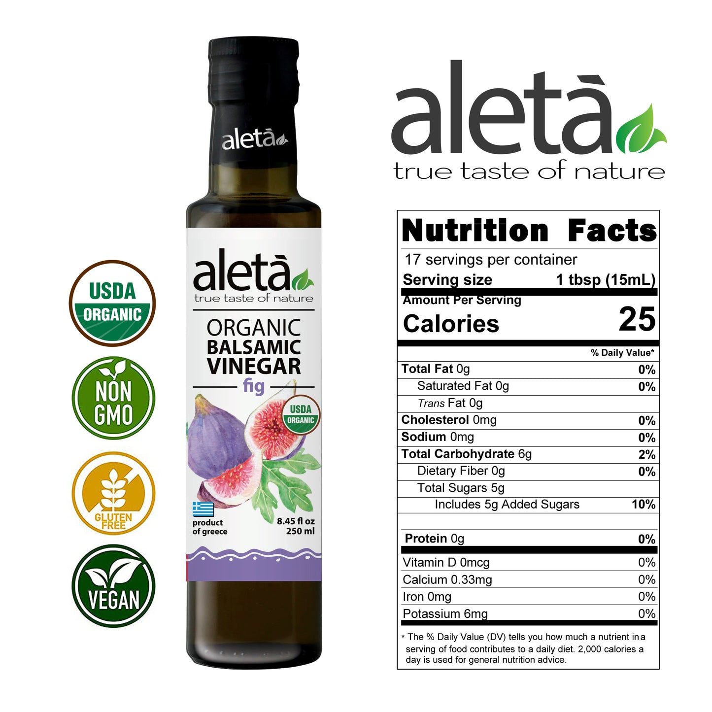 Aleta Organic, Fig Infused Balsamic Vinegar, Glass Bottle, 8.45 oz.