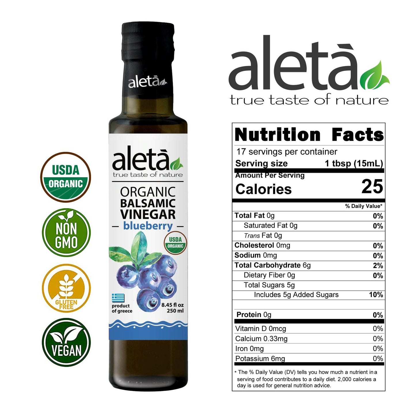 Aleta Organic, Blueberry Infused Balsamic Vinegar, Glass Bottle, 8.45 oz. - ELLORA FARMS