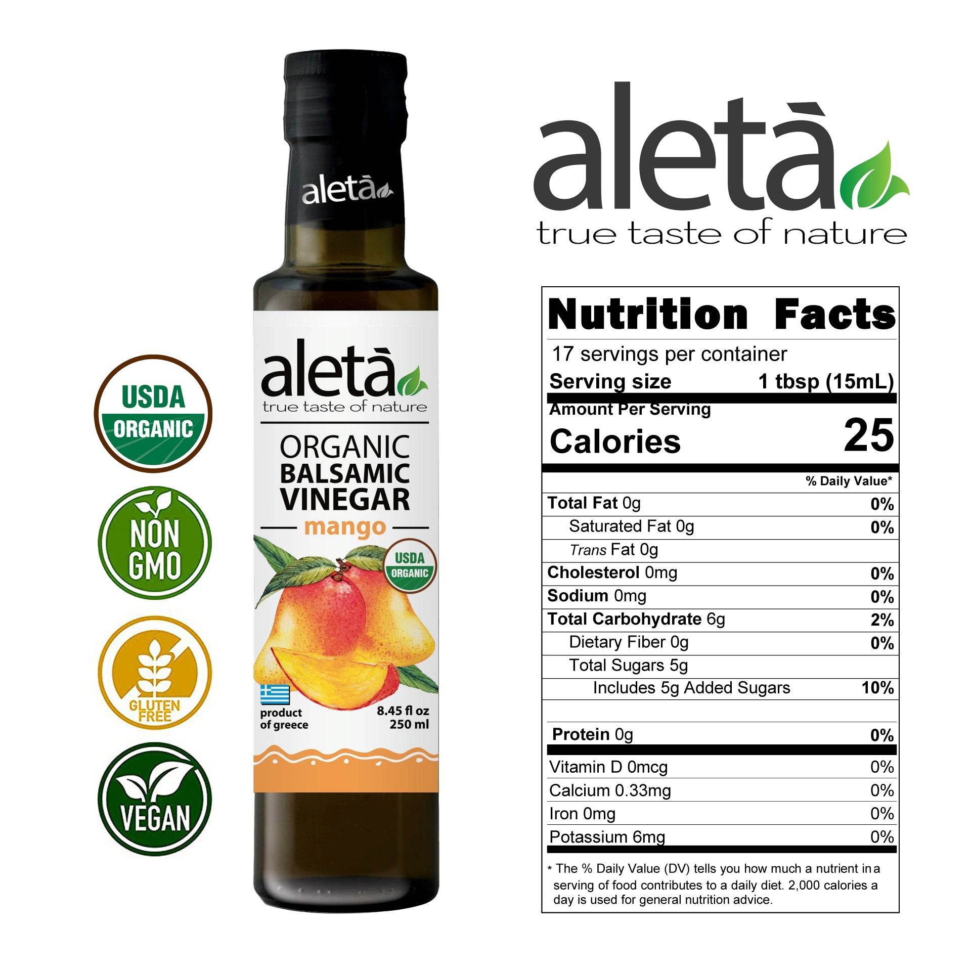 Aleta Organic, Mango Infused Balsamic Vinegar, Glass Bottle, 8.45 oz. - ELLORA FARMS