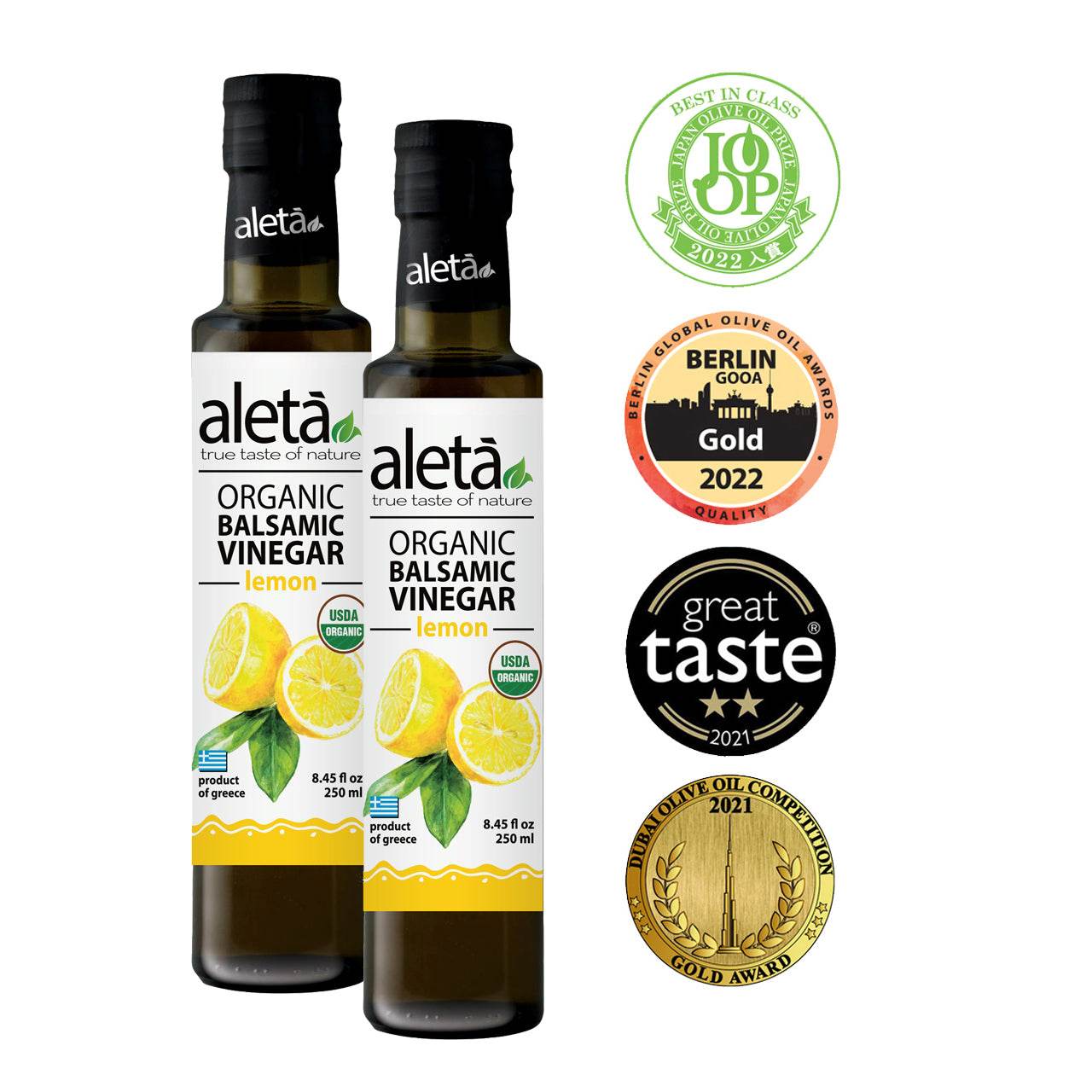 Aleta Organic, Lemon Infused Balsamic Vinegar, Glass Bottle, 8.45 oz. - ELLORA FARMS