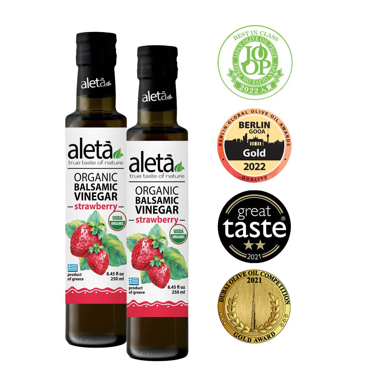 Aleta Organic, Strawberry Infused Balsamic Vinegar, Glass Bottle, 8.45 oz. - ELLORA FARMS