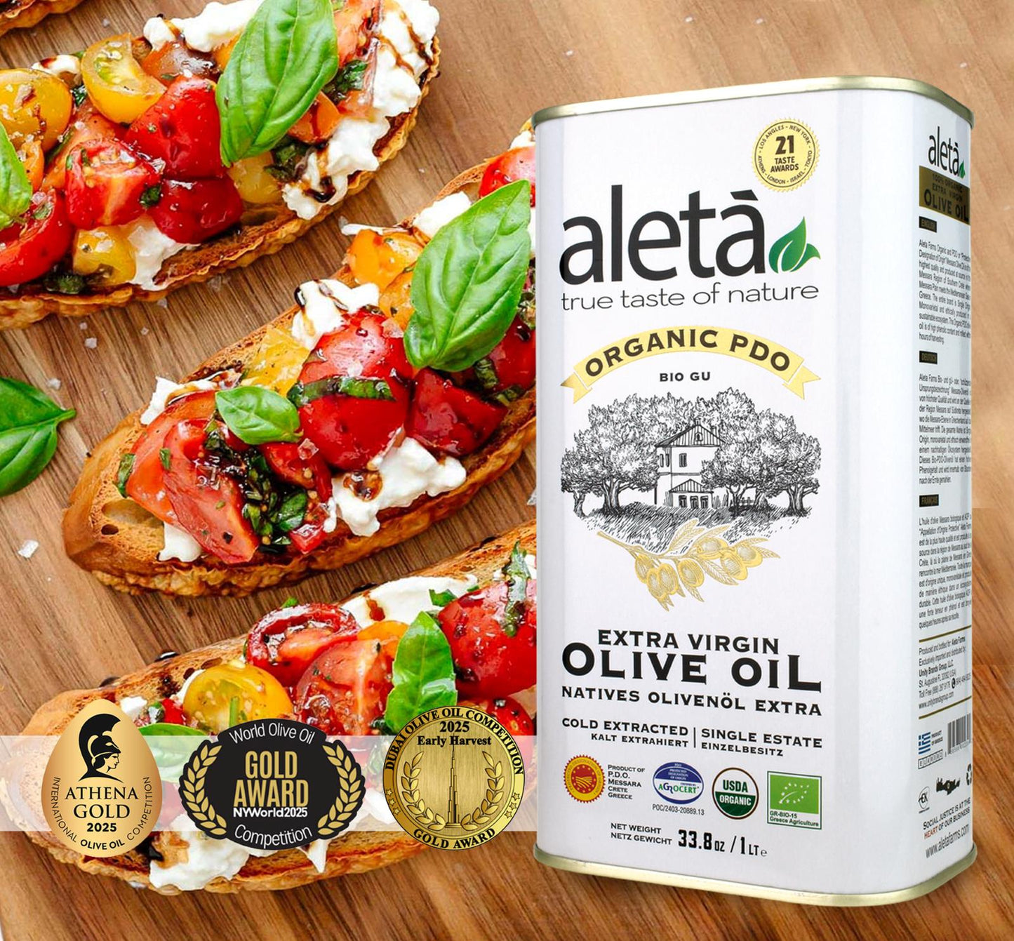 Aleta Organic & PDO Single Estate Traceable Extra Virgin Greek Olive Oil, 1 Ltr Tin, 33.8 oz.