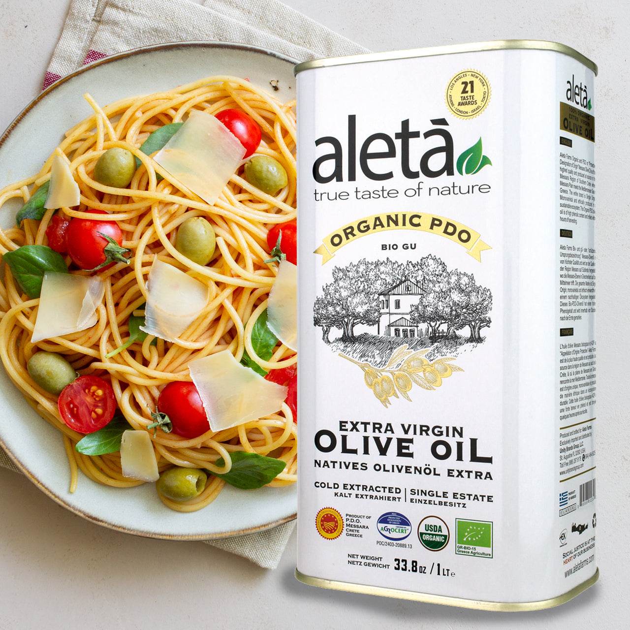 Aleta Organic & PDO Single Estate Traceable Extra Virgin Greek Olive Oil, 1 Ltr Tin, 33.8 oz. - ELLORA FARMS