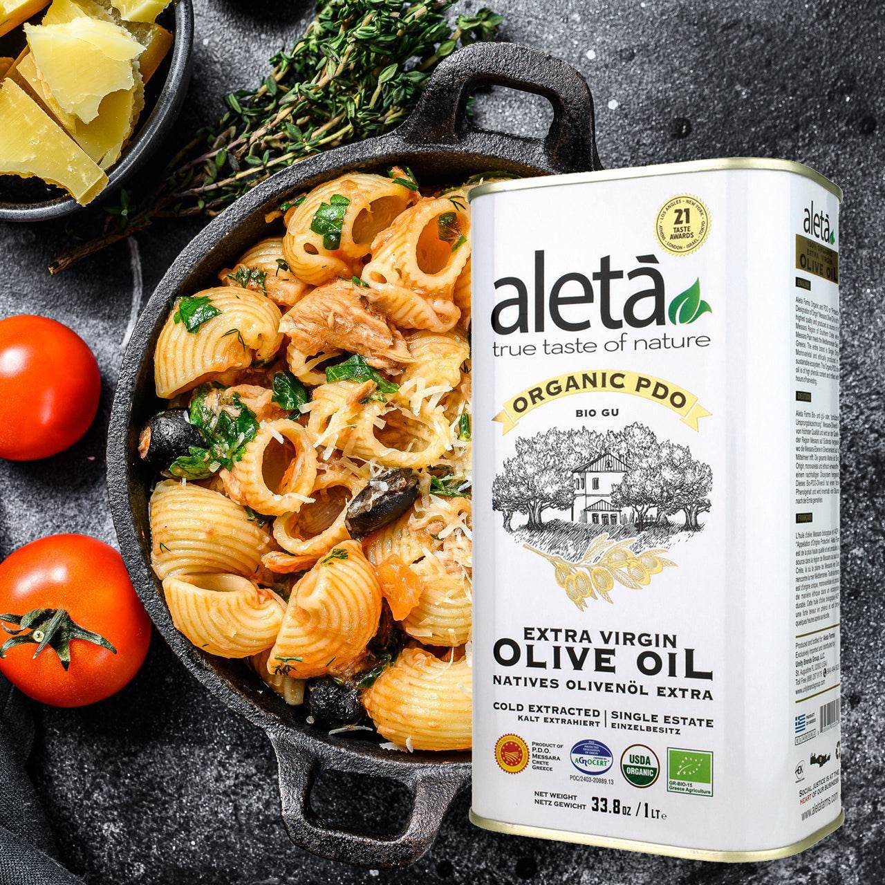 Aleta Organic & Ellora PDO Single Estate Extra Virgin Greek Olive Oil, 1 Ltr Tin, 33.8 oz. Combo - ELLORA FARMS