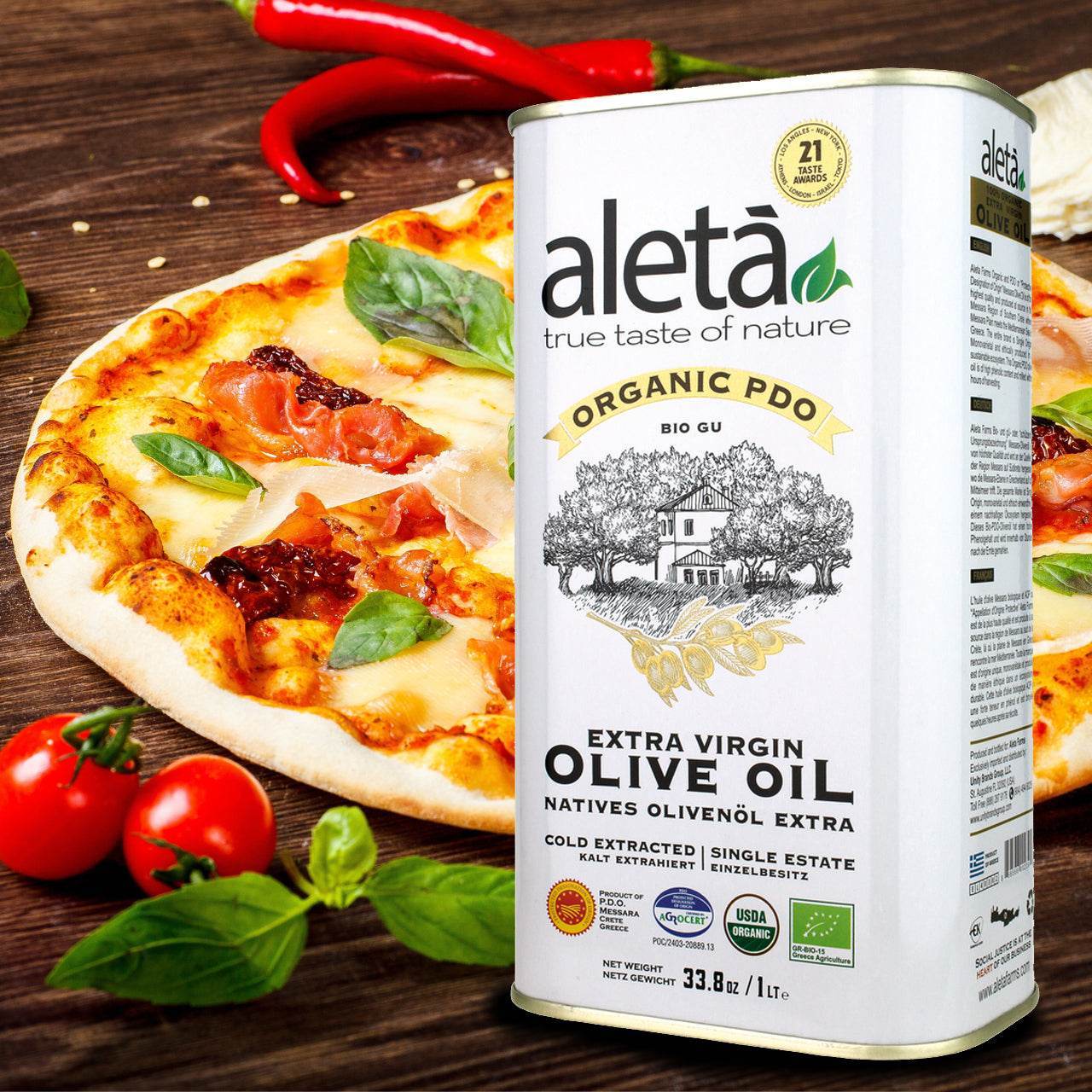 Aleta Organic & Ellora PDO Single Estate Extra Virgin Greek Olive Oil, 1 Ltr Tin, 33.8 oz. Combo - ELLORA FARMS