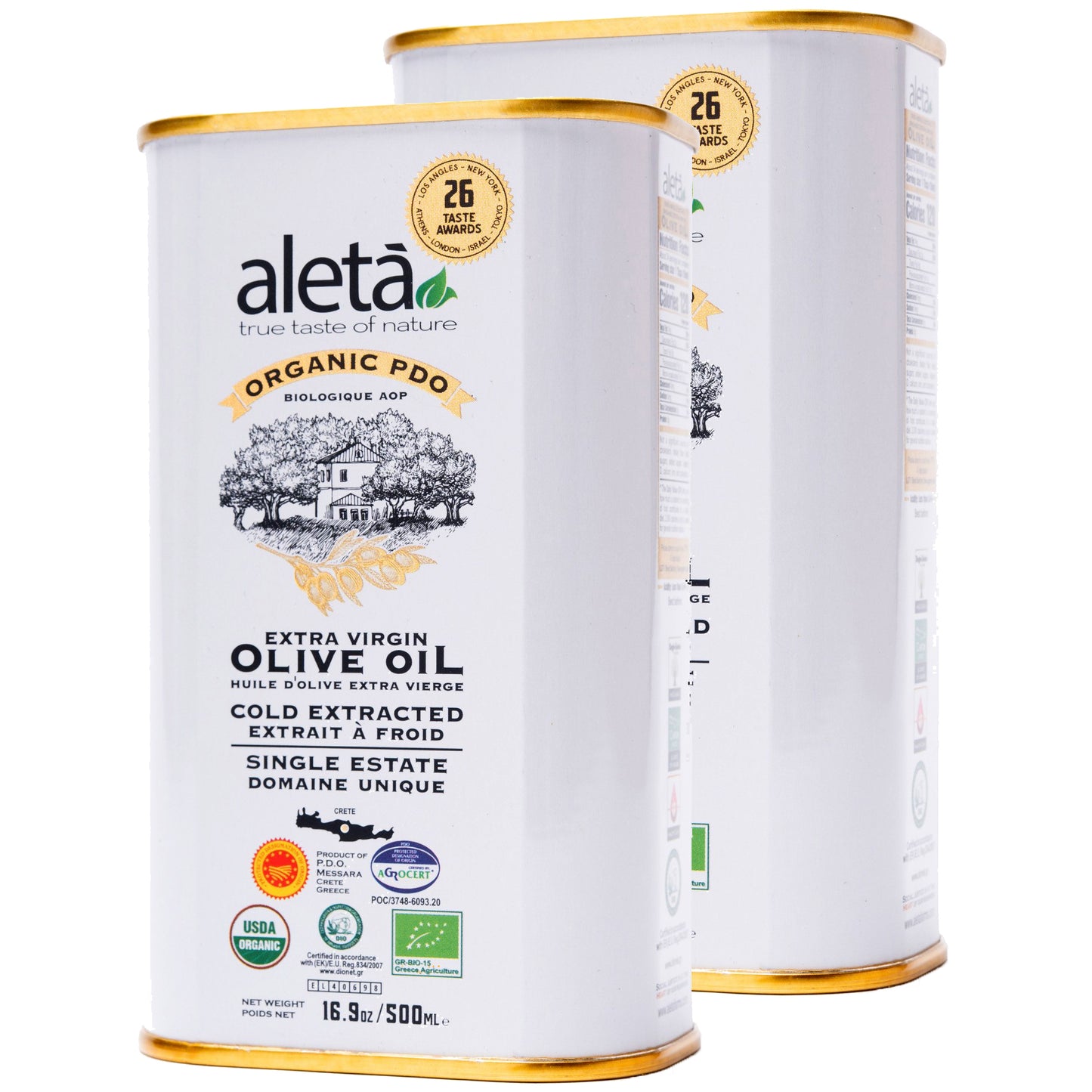 Aleta Organic & PDO Single Estate Traceable Extra Virgin Greek Olive Oil, 500 ml (17 oz) Tin