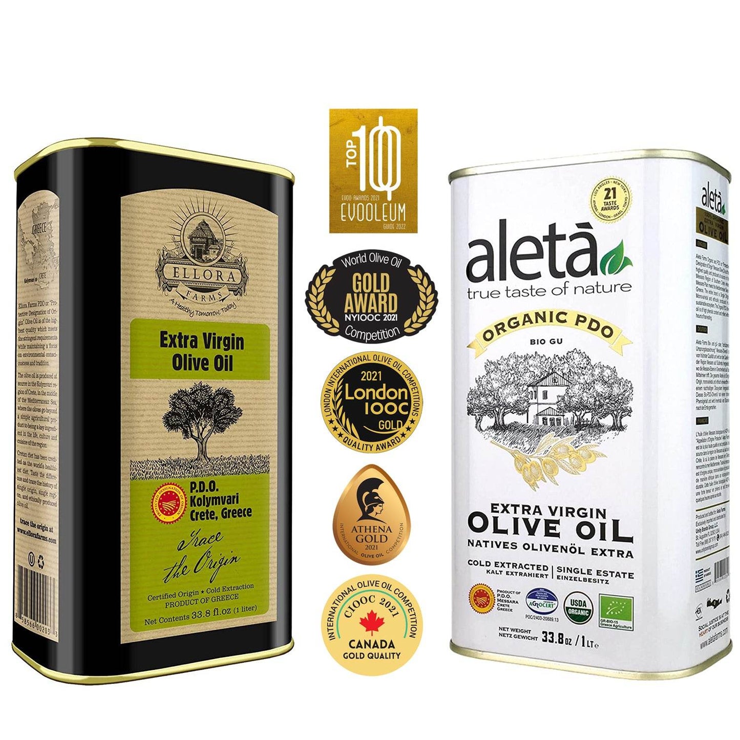 Aleta Organic & Ellora PDO Single Estate Extra Virgin Greek Olive Oil, 1 Ltr Tin, 33.8 oz. Combo - ELLORA FARMS
