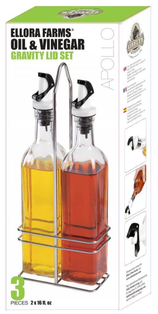 Apollo Chef Cruet Glass Bottle Set, Gravity Pourer, Oil & Vinegar Dispenser, 16 fl oz. X 2 Bottles - ELLORA FARMS