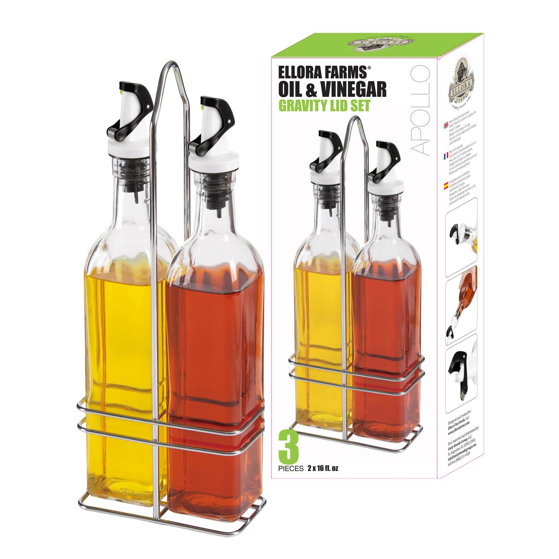 Apollo Chef Cruet Glass Bottle Set, Gravity Pourer, Oil & Vinegar Dispenser, 16 fl oz. X 2 Bottles - ELLORA FARMS