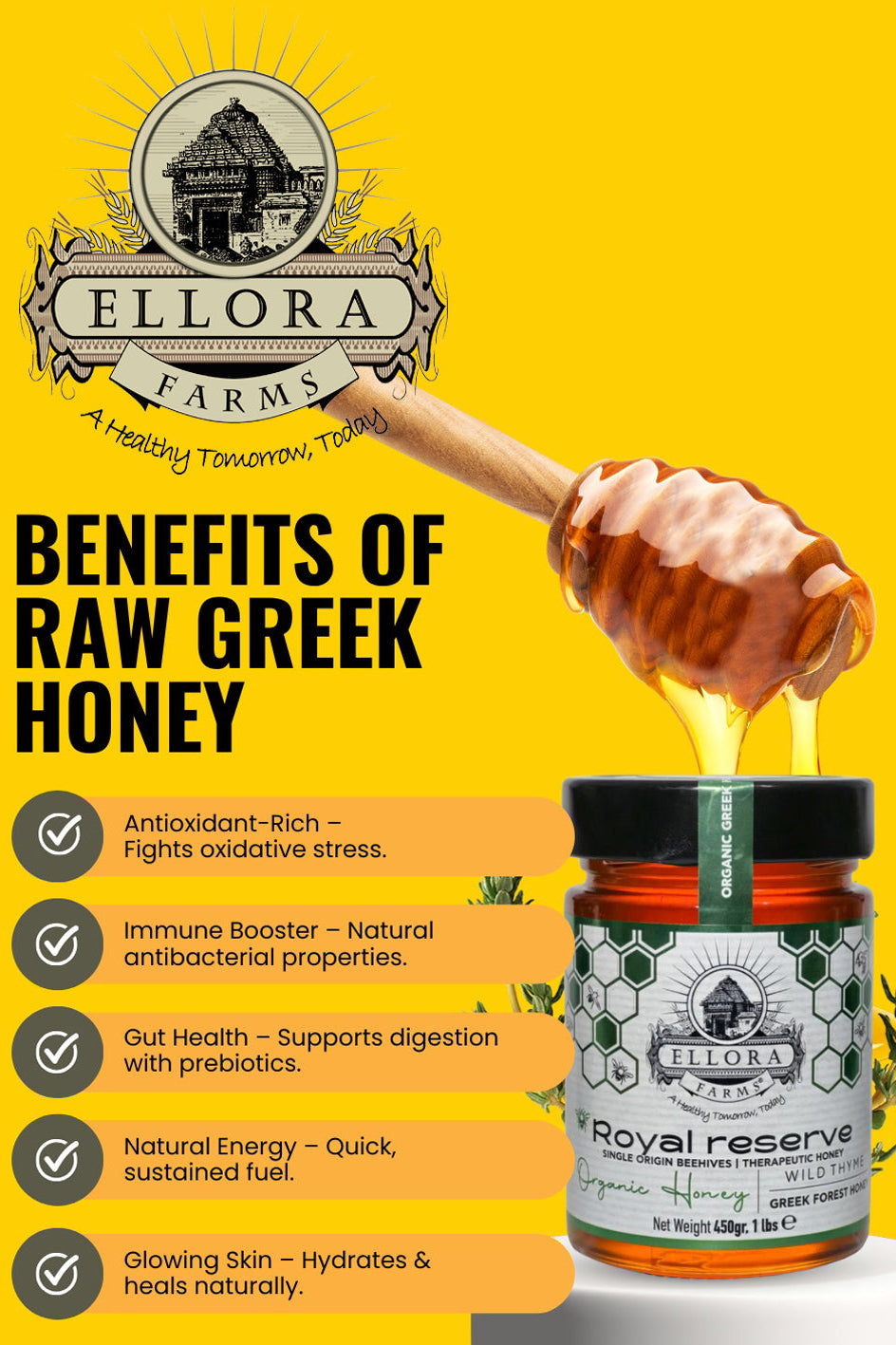 Organic Greek Raw Honey, Royal Reserve, Wild Thyme Gift of Honey, 450g