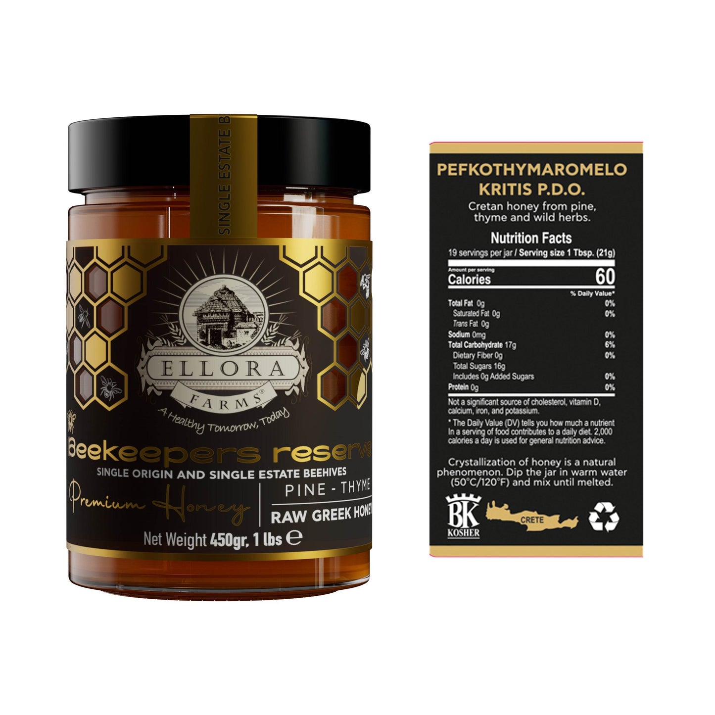 Single Estate PDO Greek Honey, Beekeepers Reserve, Pine & Thyme Honey, 450g - ELLORA FARMS