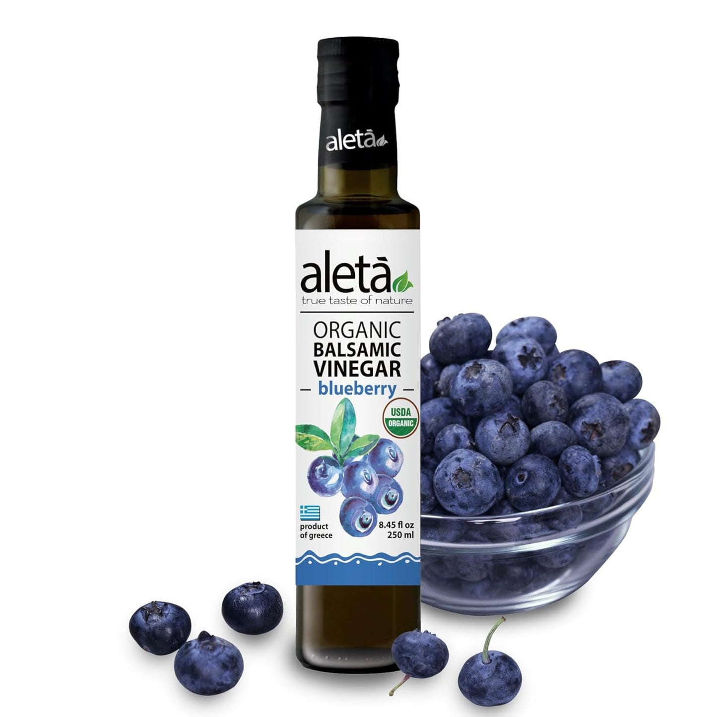 Aleta Organic, Blueberry Infused Balsamic Vinegar, Glass Bottle, 8.45 oz.