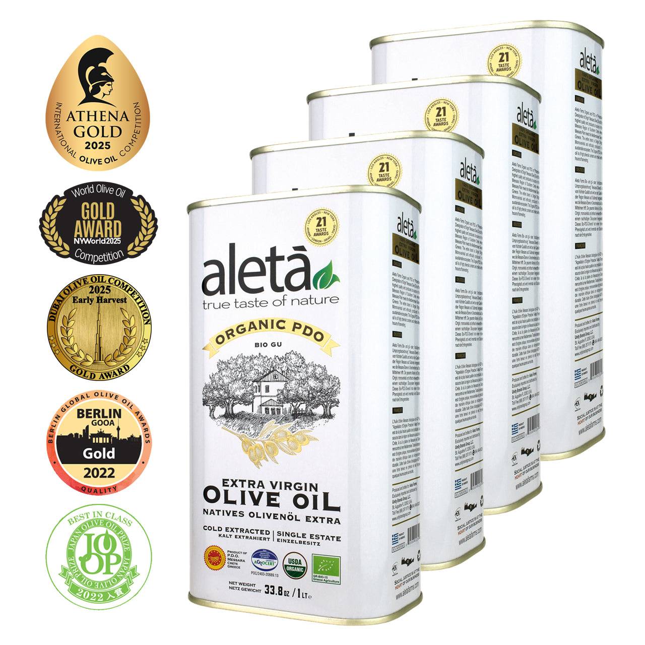 Aleta Organic & PDO Single Estate Traceable Extra Virgin Greek Olive Oil, 1 Ltr Tin, 33.8 oz. - ELLORA FARMS