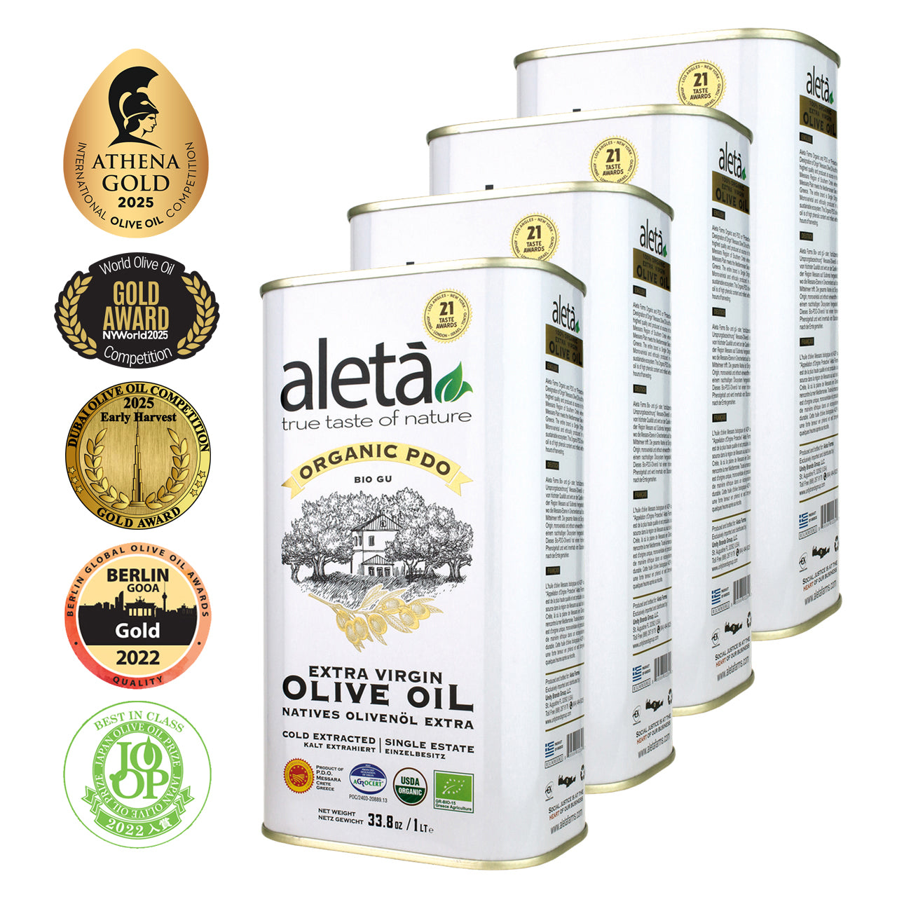 Aleta Organic & PDO Single Estate Traceable Extra Virgin Greek Olive Oil, 1 Ltr Tin, 33.8 oz.