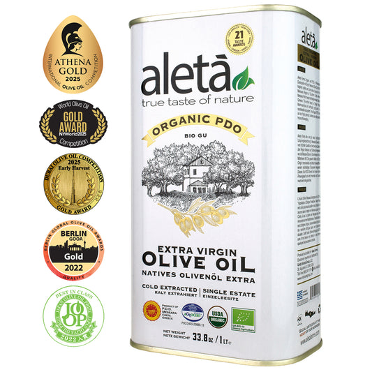Aleta Organic & PDO Single Estate Traceable Extra Virgin Greek Olive Oil, 1 Ltr Tin, 33.8 oz.