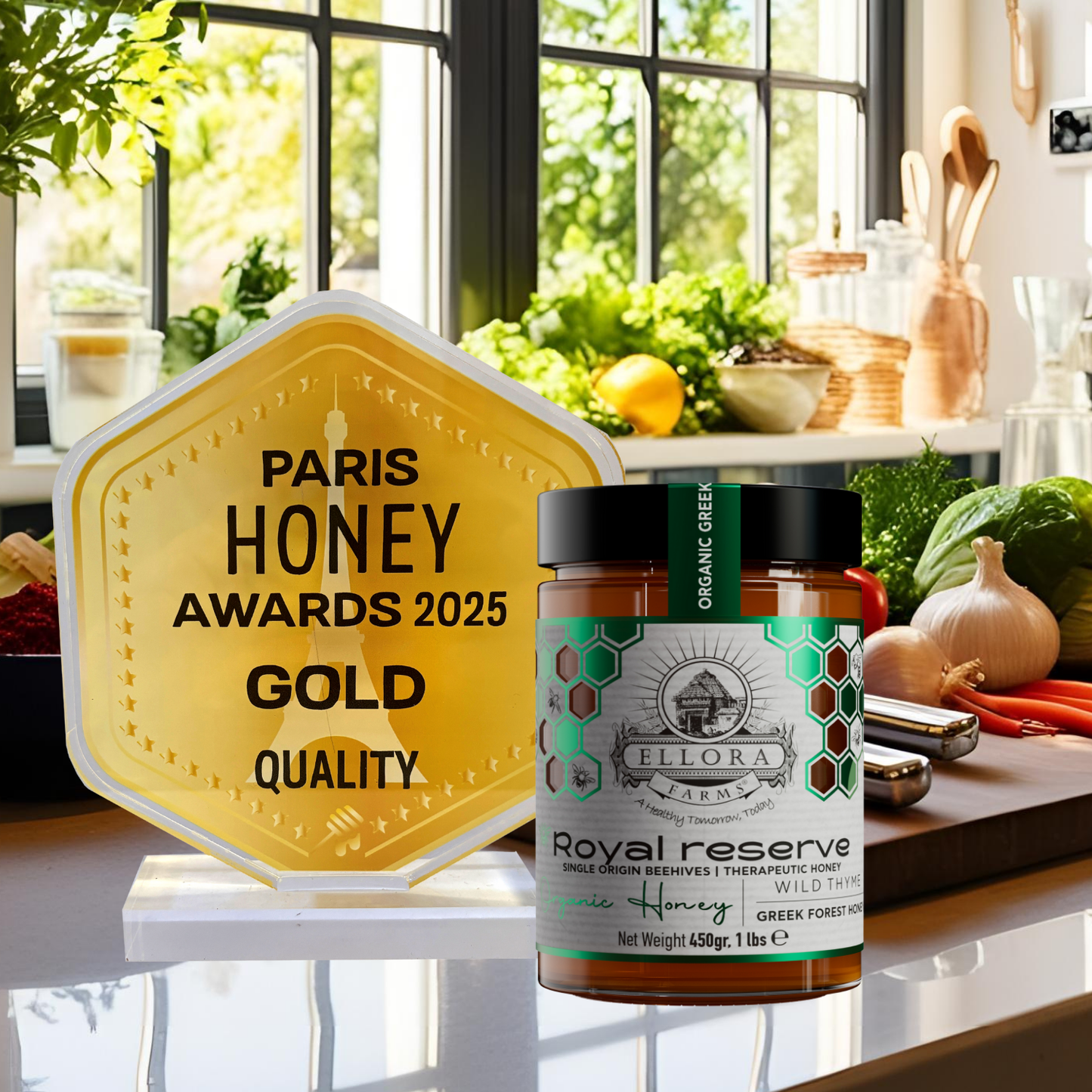 Organic Greek Raw Honey, Royal Reserve, Wild Thyme Gift of Honey, 450g