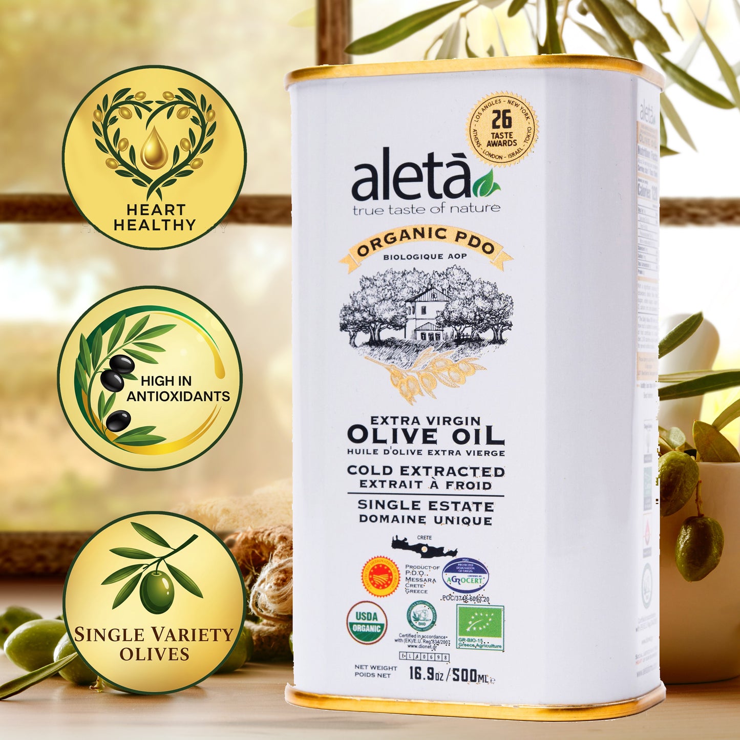 Aleta Organic & PDO Single Estate Traceable Extra Virgin Greek Olive Oil, 500 ml (17 oz) Tin