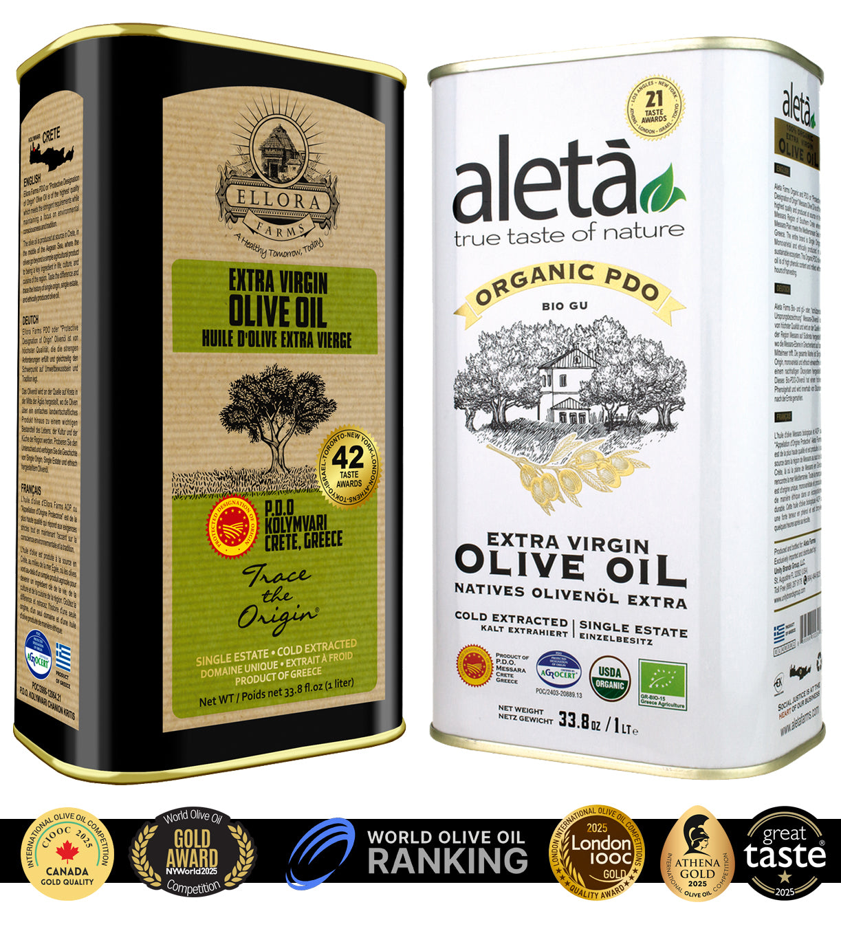 Aleta Organic & Ellora PDO Single Estate Extra Virgin Greek Olive Oil, 1 Ltr Tin, 33.8 oz. Combo