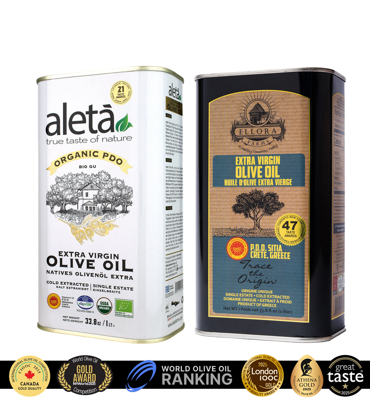 Ellora PDO SITIA & Aleta Organic PDO Messara Extra Virgin Greek Olive Oil, 1 Ltr Tin, 33.8 oz. Combo