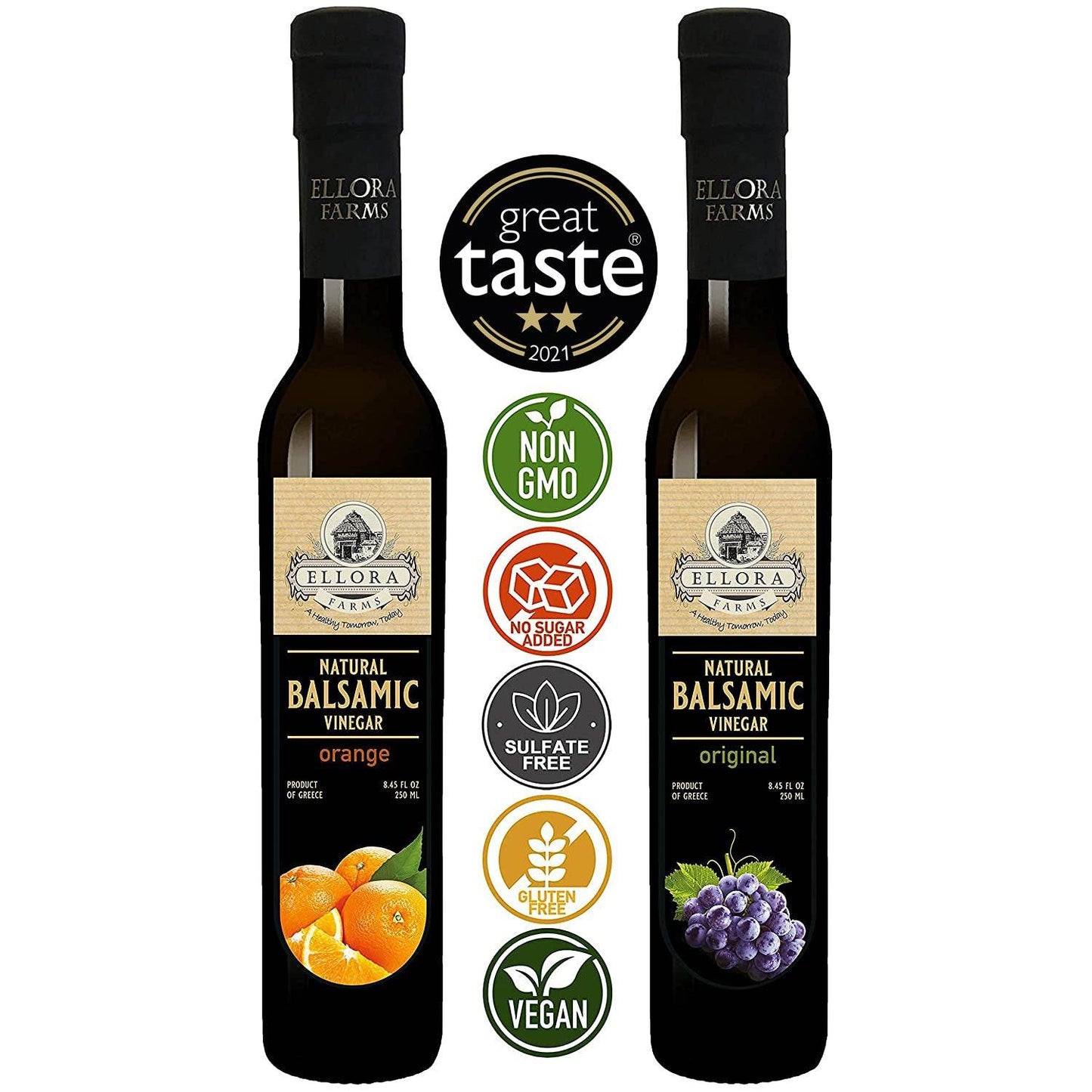 Orange Infused and Natural Plain Balsamic Vinegar, Combo Pack, Greece, 8.5 oz. Each - ELLORA FARMS