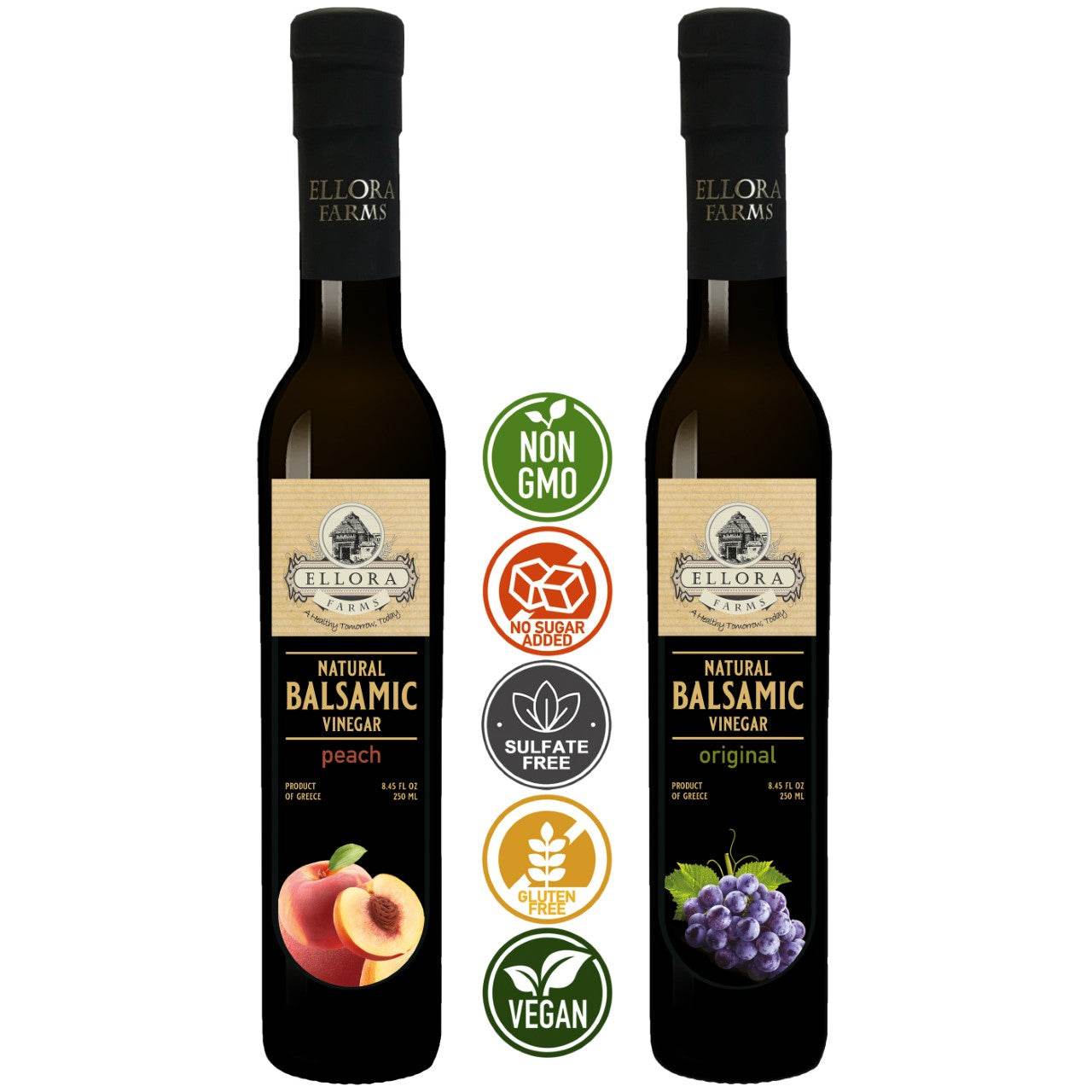 Peach Infused and Natural Plain Balsamic Vinegar, Combo Pack, Greece, 8.5 oz. Each - ELLORA FARMS