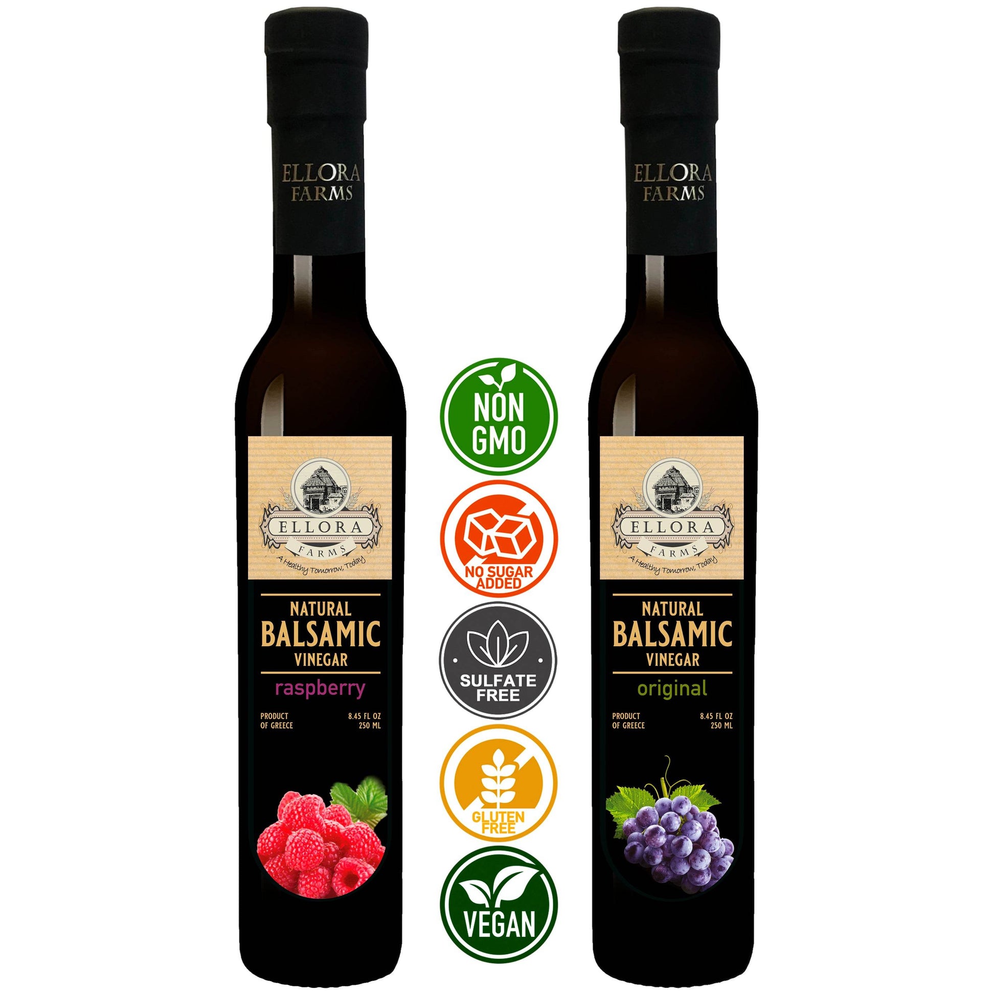 Raspberry Infused and Natural Plain Balsamic Vinegar, Combo Pack, Greece, 8.5 oz. Each - ELLORA FARMS