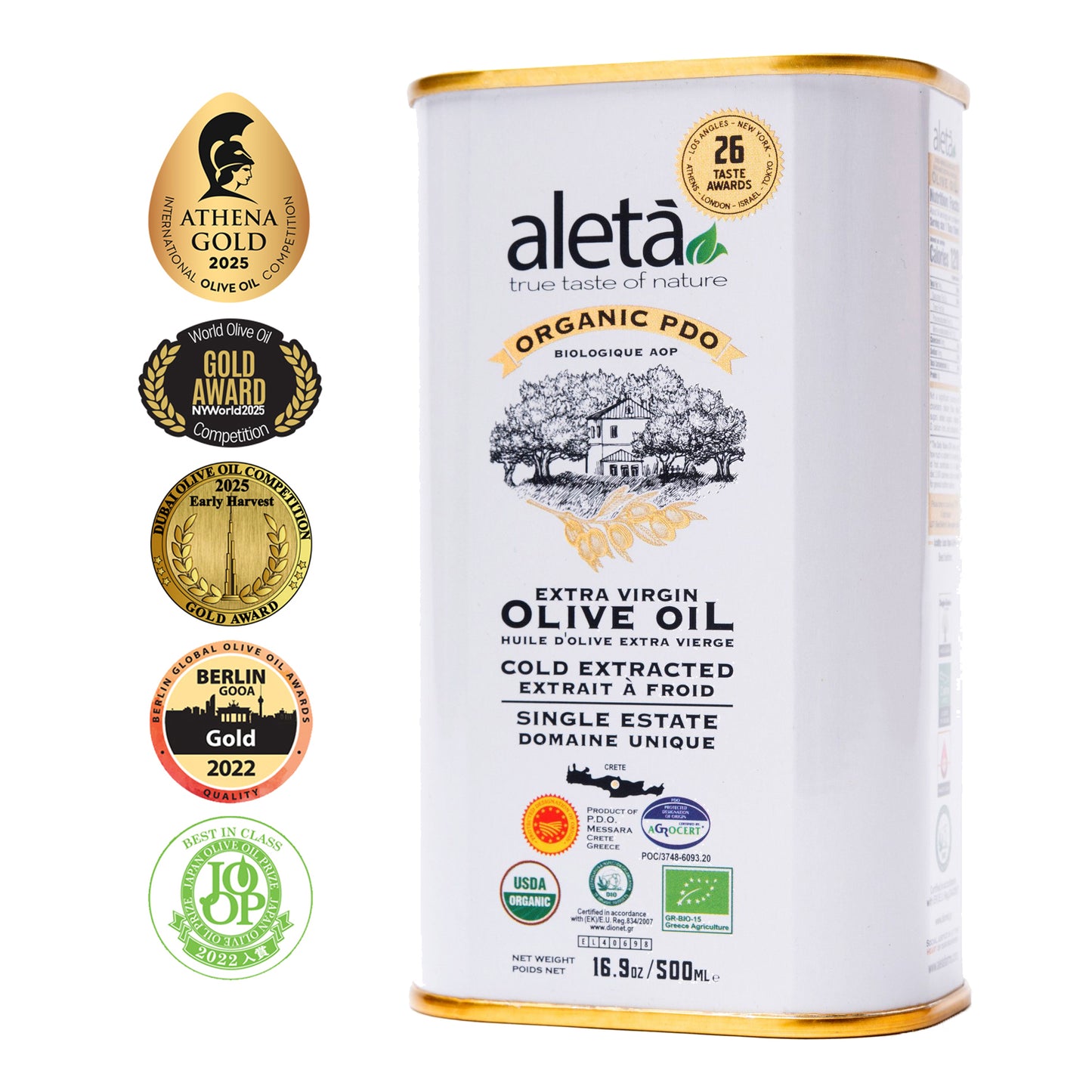 Aleta Organic & PDO Single Estate Traceable Extra Virgin Greek Olive Oil, 500 ml (17 oz) Tin