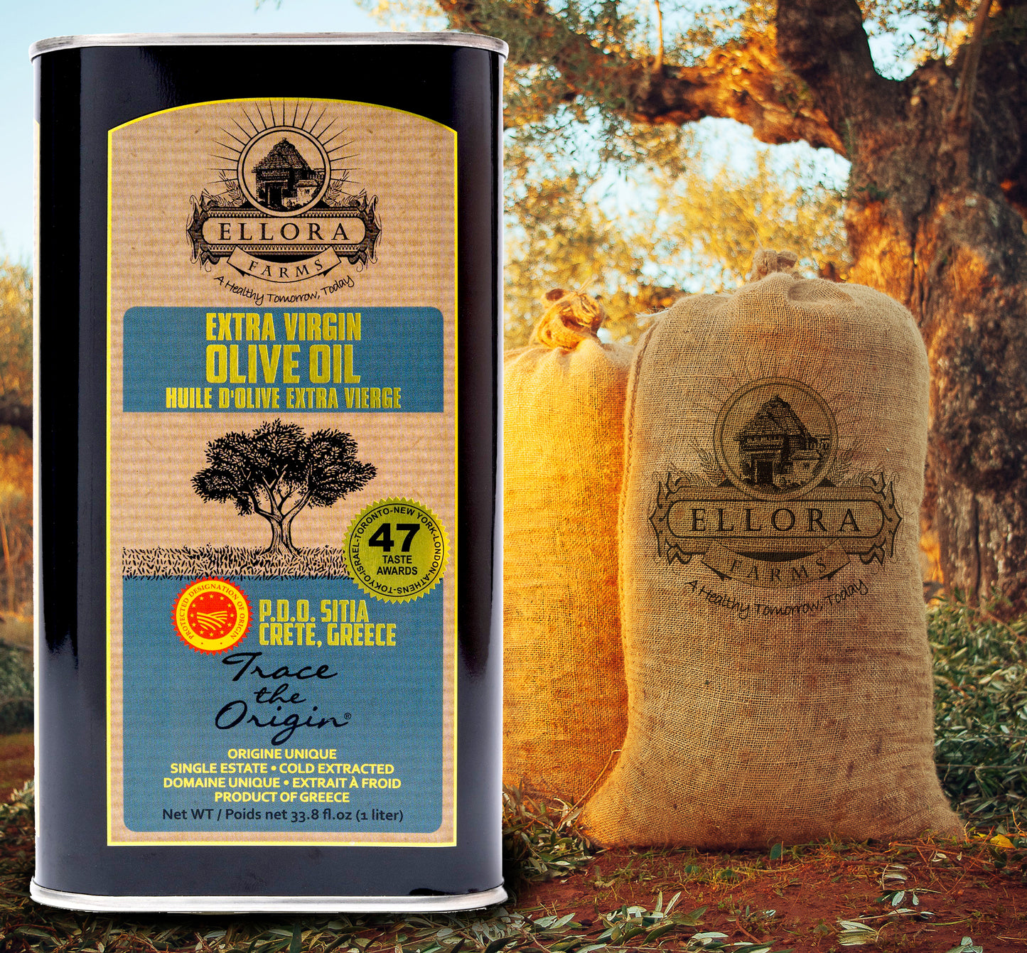 Ellora PDO SITIA & KOLYMVARI Estates Extra Virgin Greek Olive Oil, 1 Ltr Tin, 33.8 oz. Combo