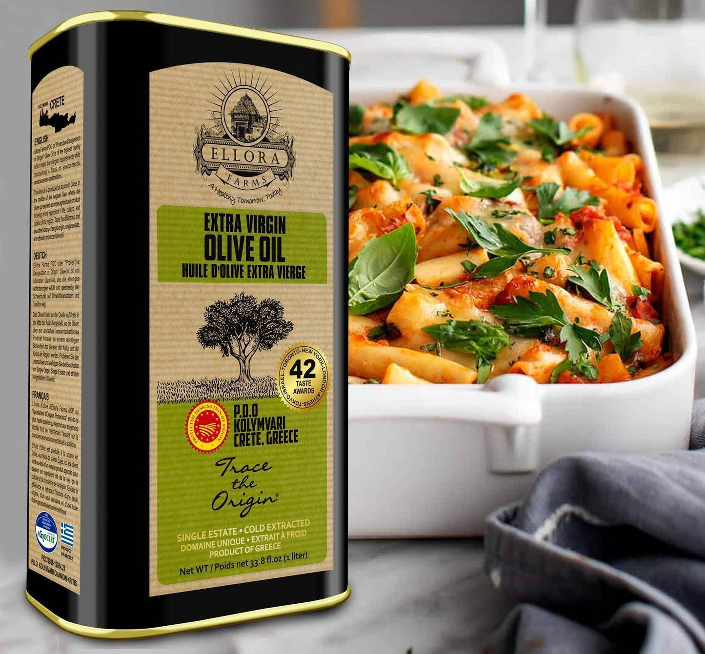 Combo Pack, Single Estate Greek Extra Virgin Olive Oil, 33.8 and Organic Tuscany Bread Dipping Mix Pack of 2 - ELLORA FARMS