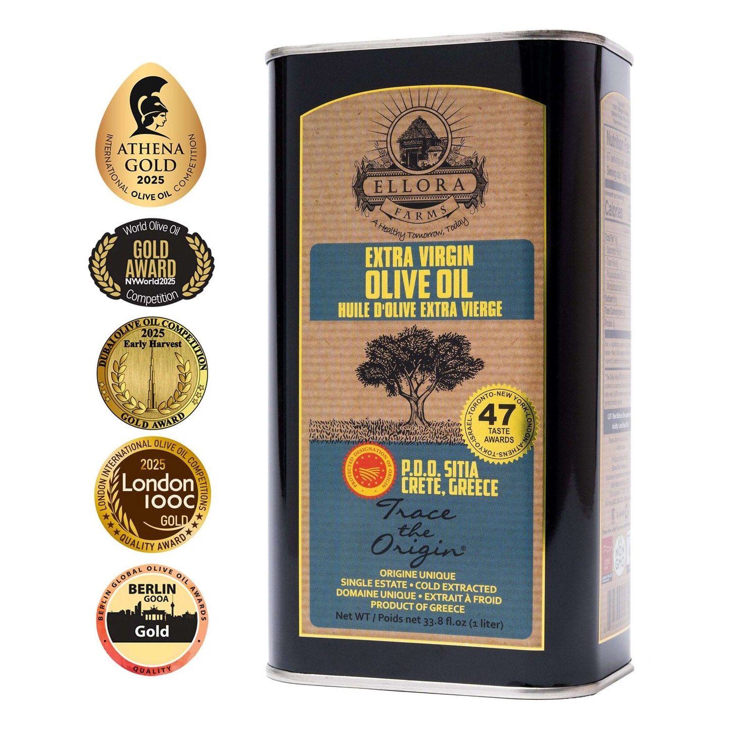 Ellora PDO SITIA & KOLYMVARI Estates Extra Virgin Greek Olive Oil, 1 Ltr Tin, 33.8 oz. Combo - ELLORA FARMS